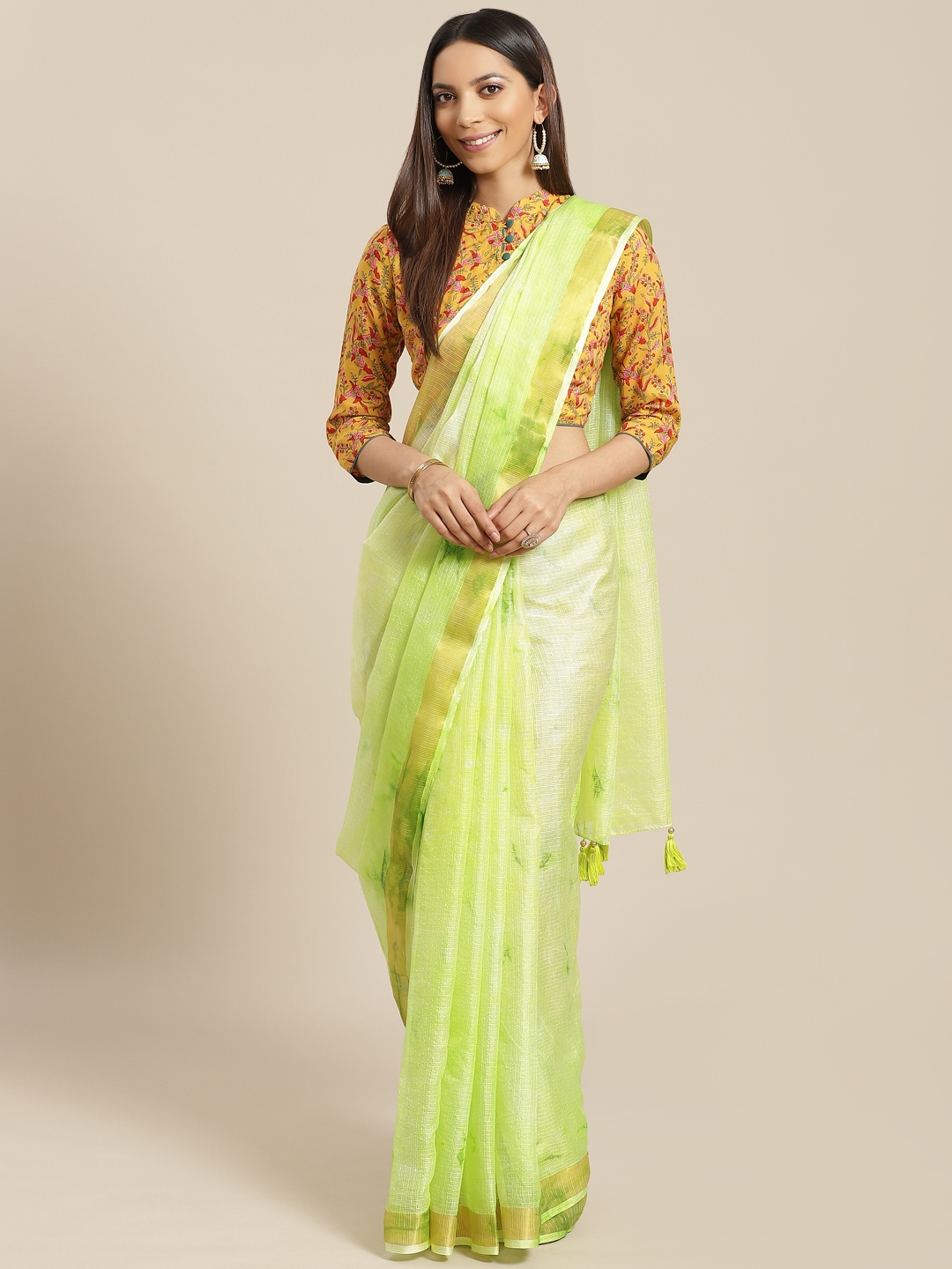 

Geroo Jaipur Hand Dyed Green Kota Silk Sustainable Saree with Hand Block Print Blouse