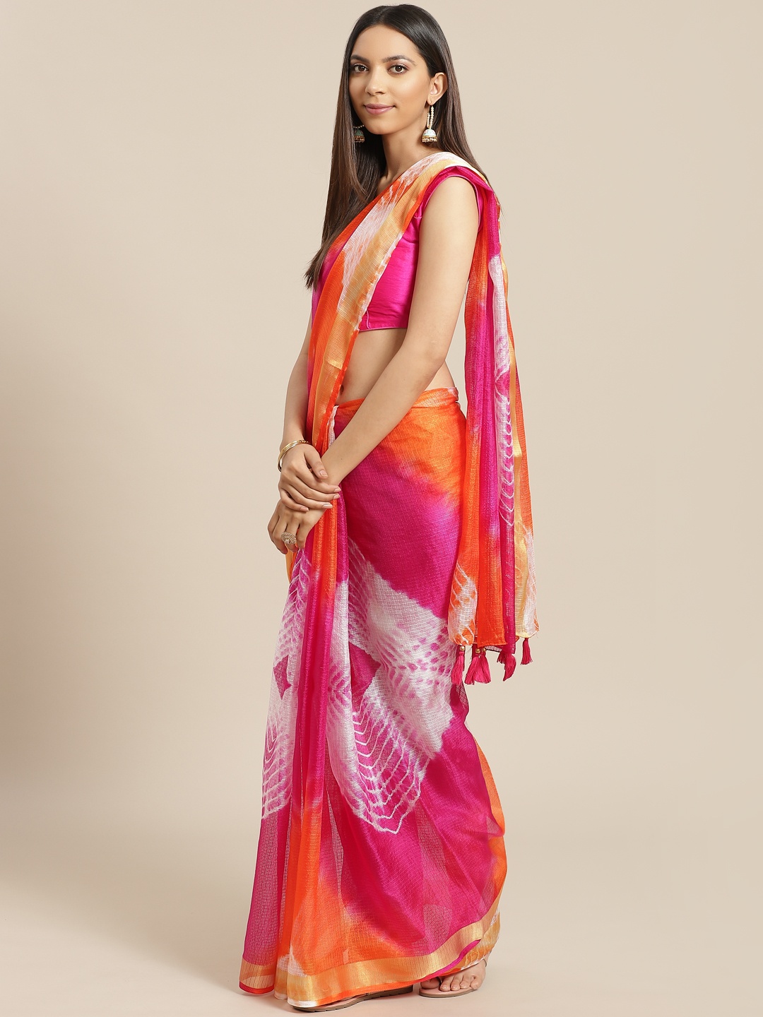 

Geroo Jaipur Hand Dyed Magenta & Orange Bandhani Kota Silk Sustainable Sareee