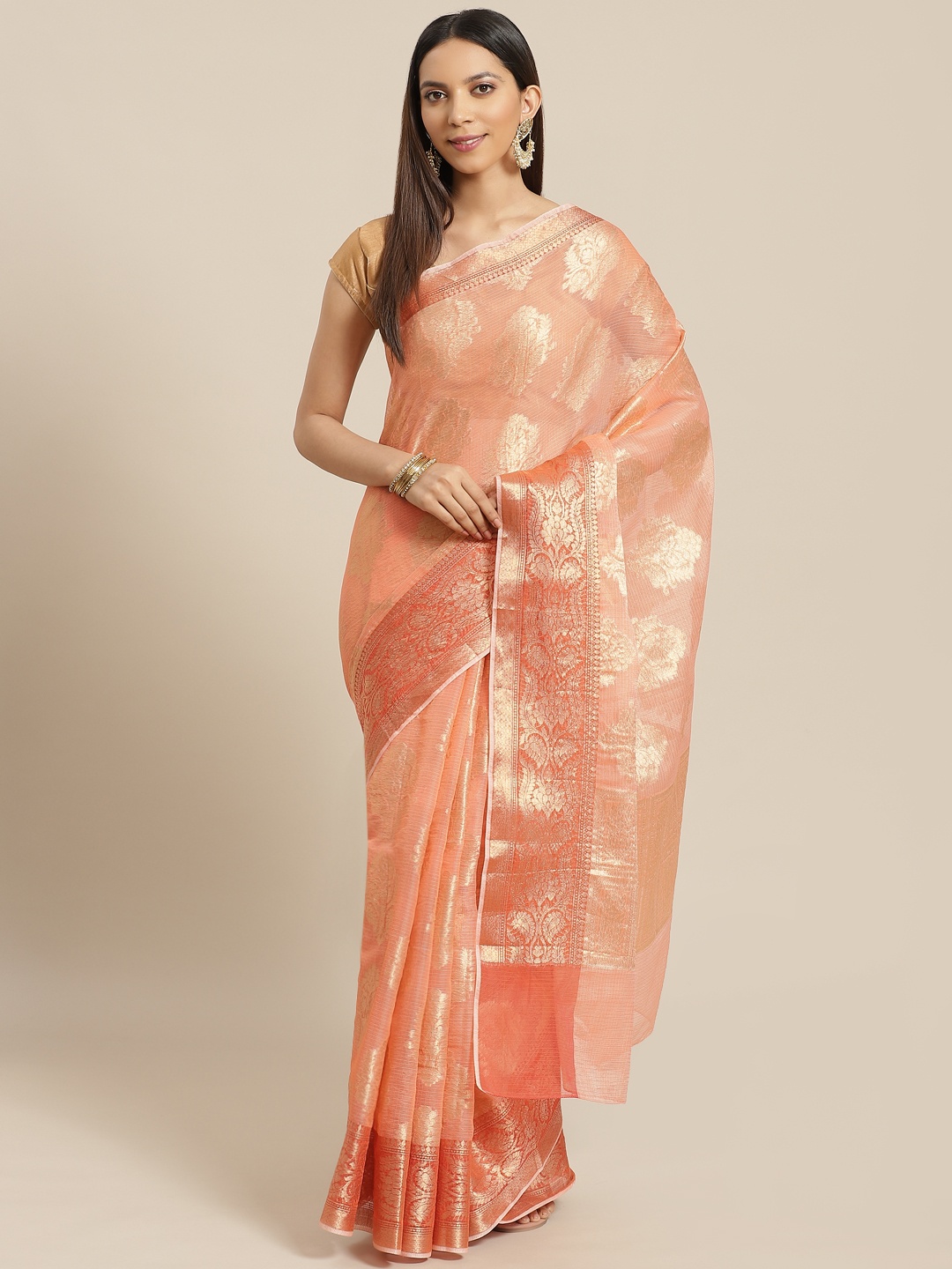 

Geroo Jaipur Peach Handwoven Floral Zari Kota Saree