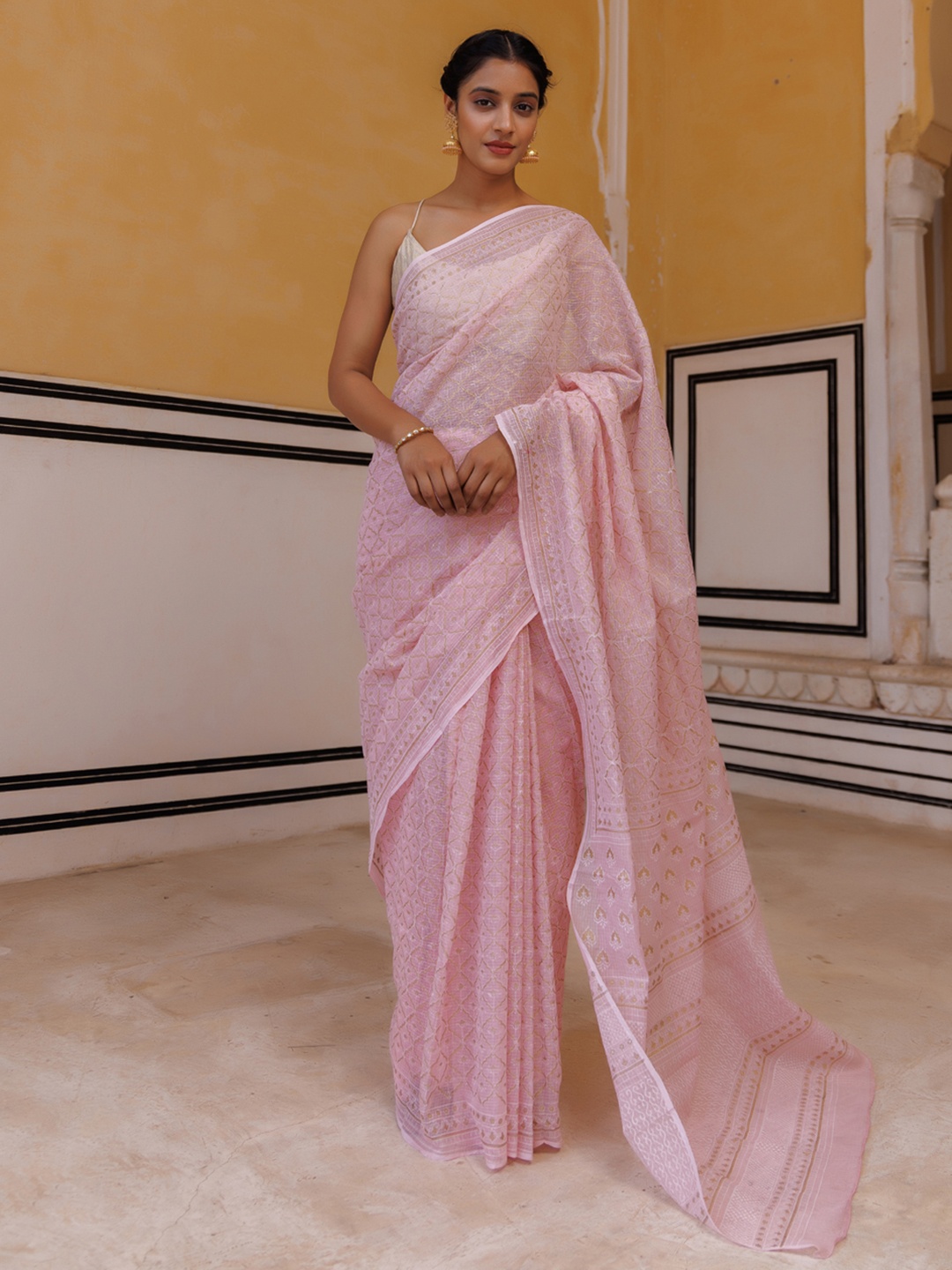 

Geroo Jaipur Handcrafted Zari Woven Pink Kota Silk Sustainable Saree