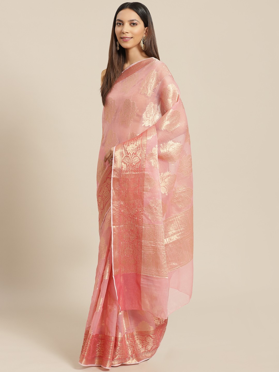 

Geroo Jaipur Pink Handwoven Floral Zari Kota Saree