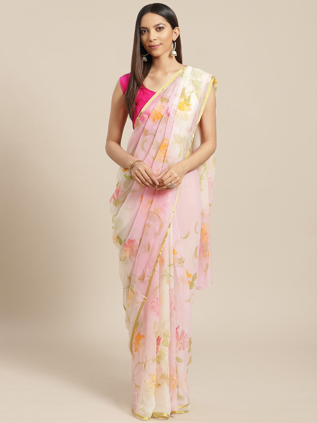 

Geroo Jaipur Pink & Off White Hand Painted Floral Chiffon Sustainable Saree