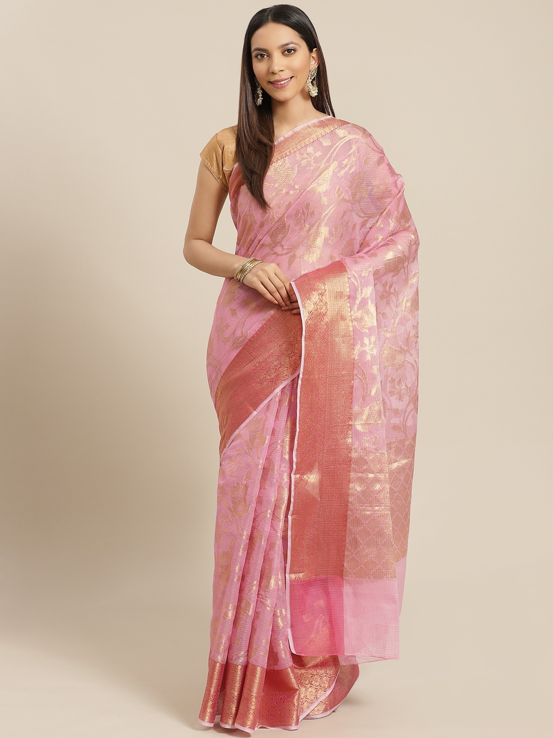 

Geroo Jaipur Pink Handwoven Floral Zari Kota Saree