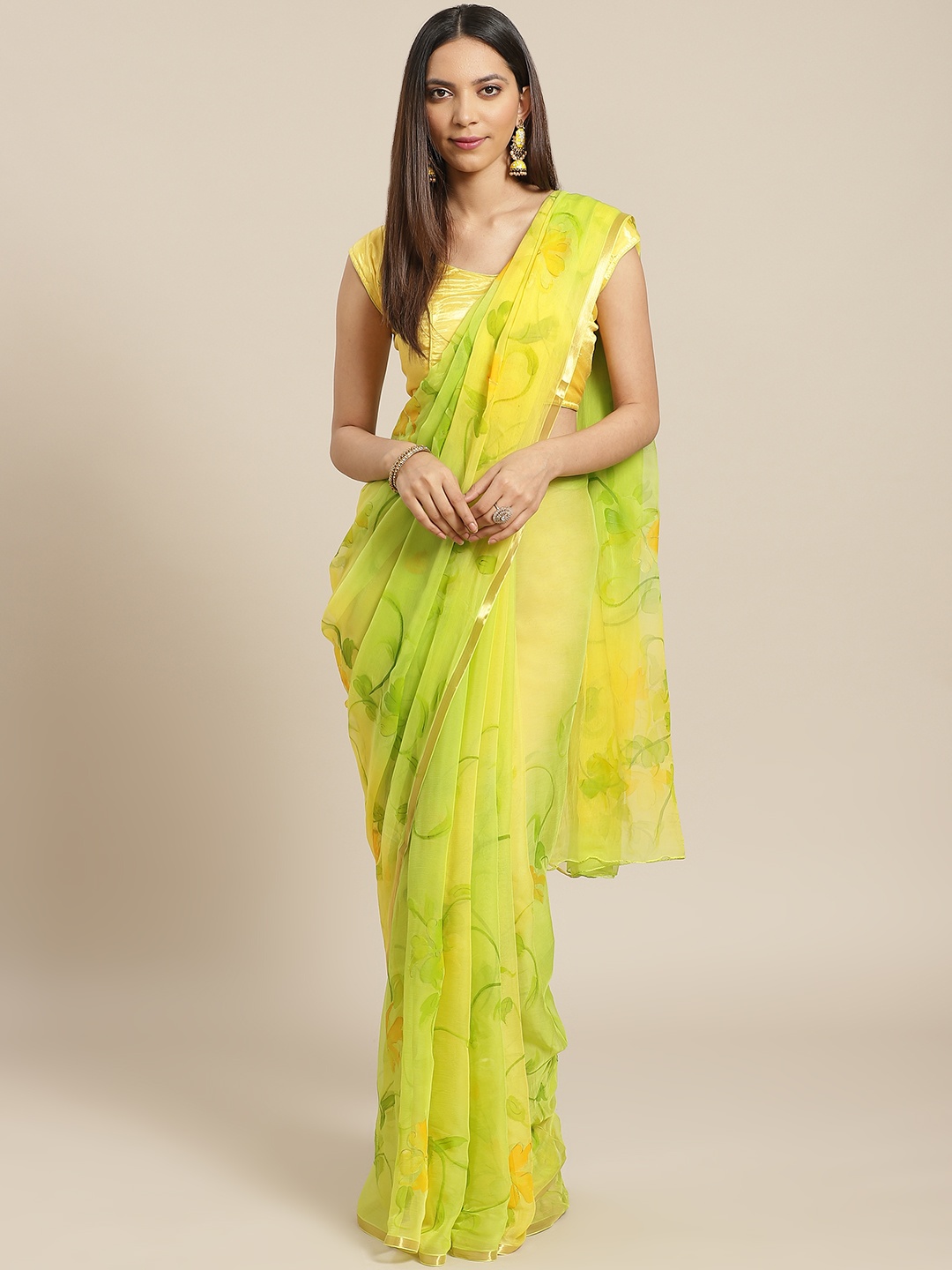 

Geroo Jaipur Yellow & Lime Green Hand Painted Floral Chiffon Sustainable Saree