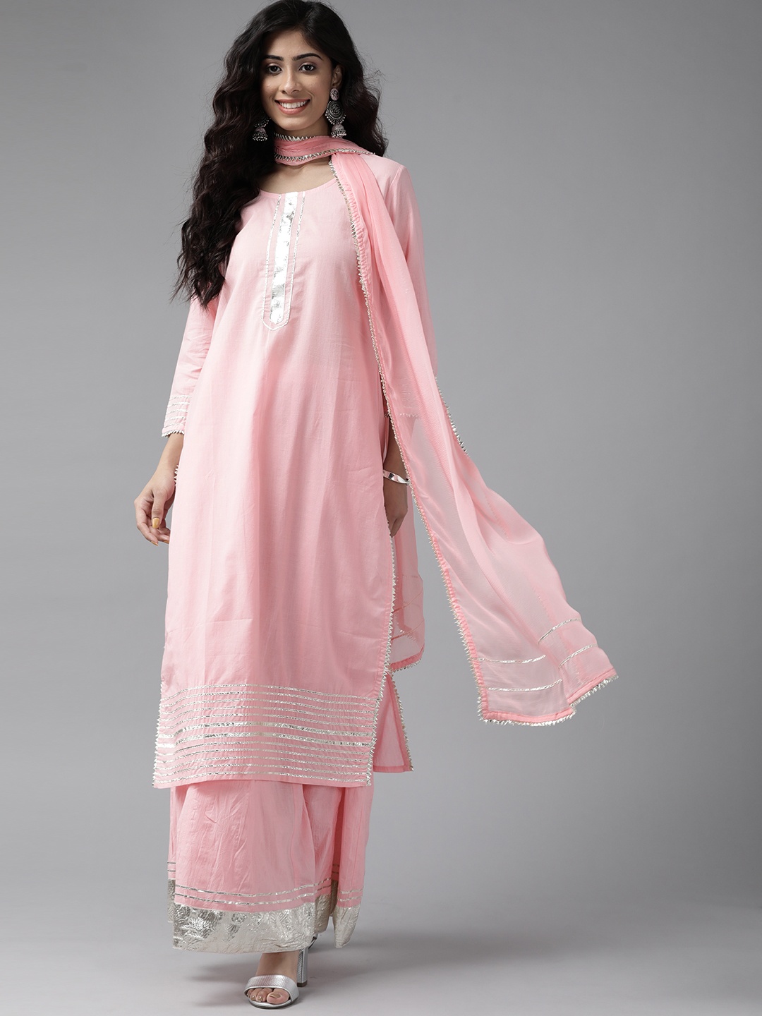 

Geroo Jaipur Handcrafted Gota Work Pure Cotton Kurta Set with Skirt & Dupatta, Pink