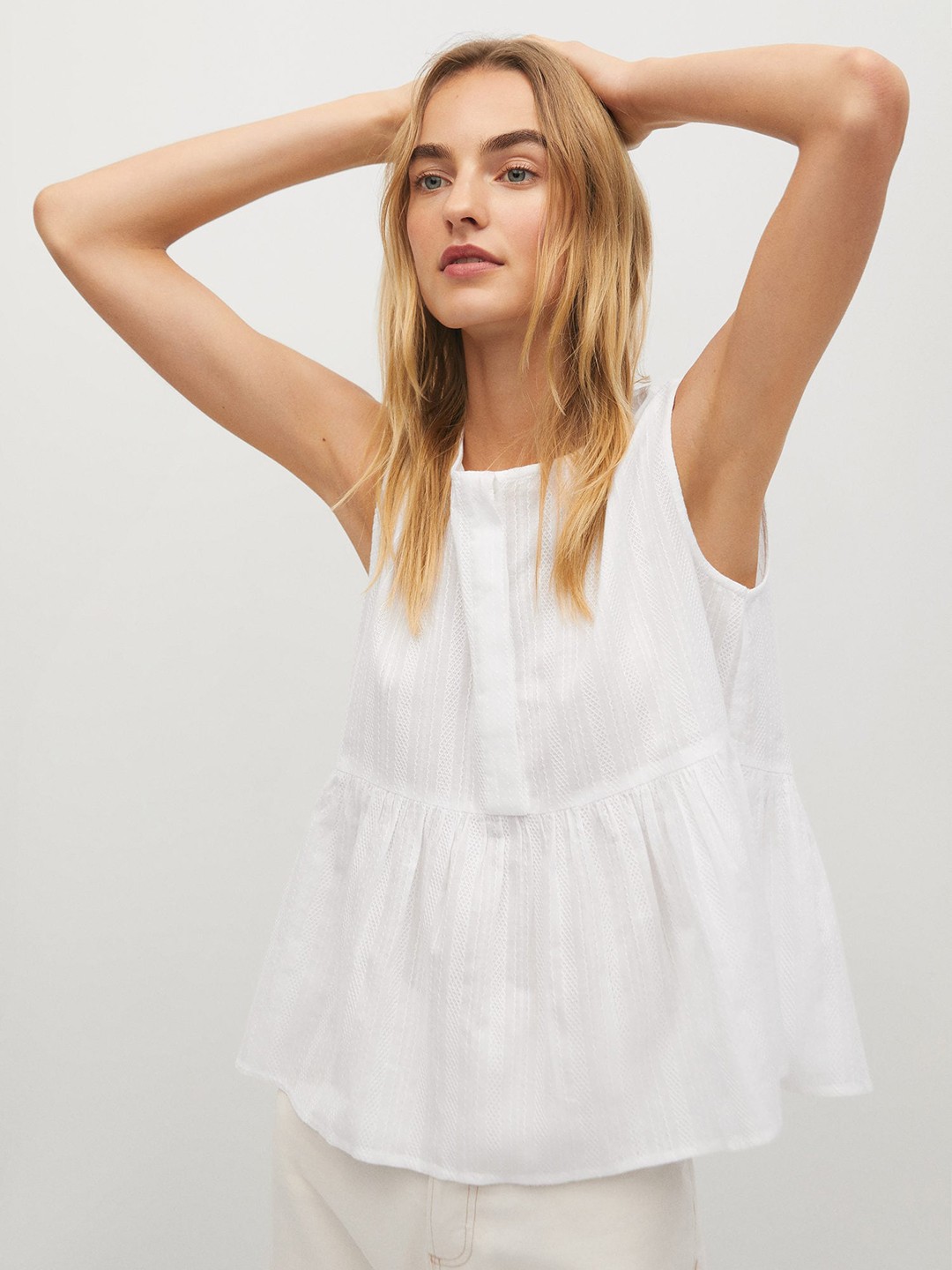 

Mango White Self-Striped Pure Cotton A-line Top