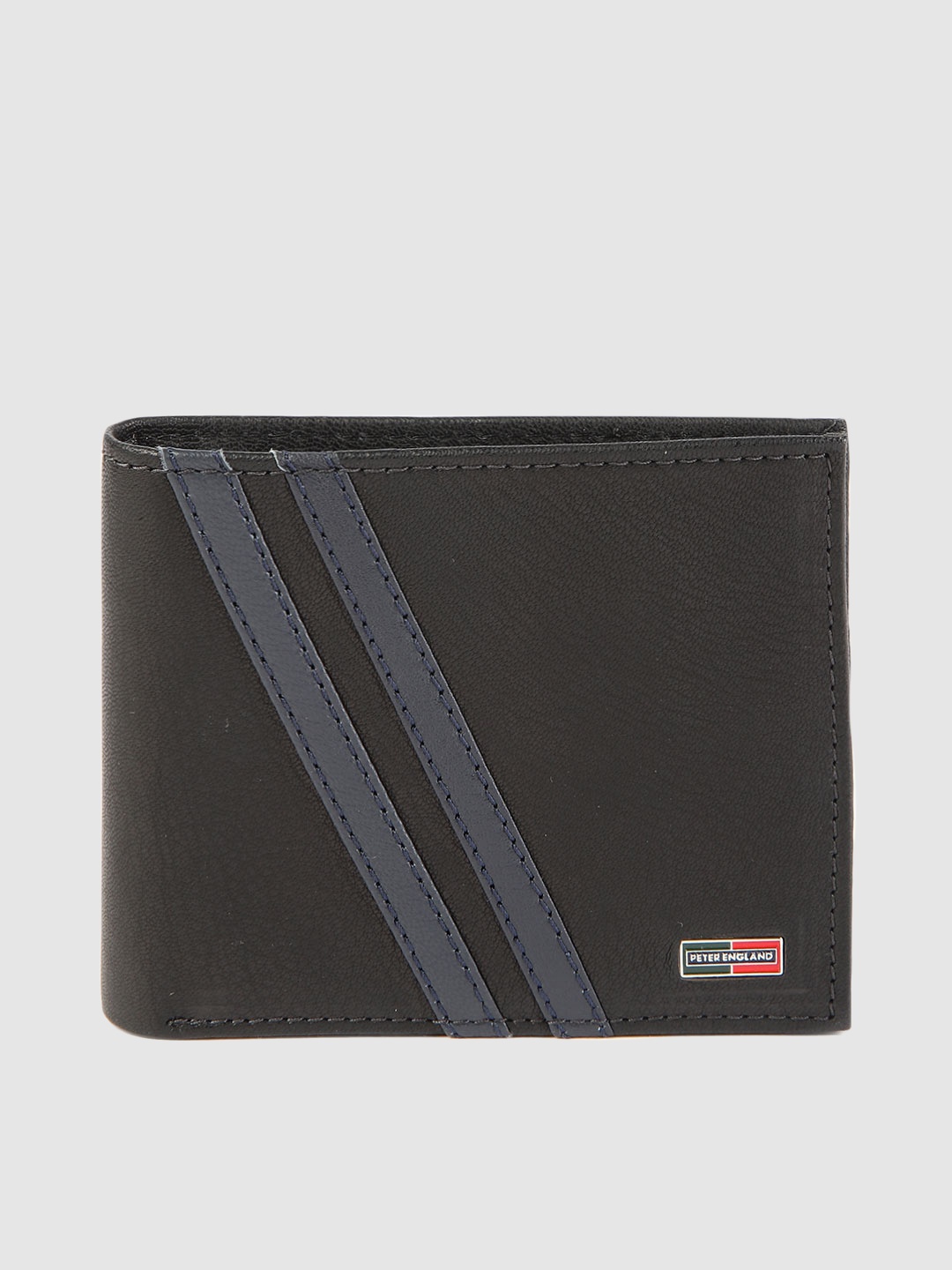

Peter England Men Black & Navy Blue Striped Leather Two Fold Wallet