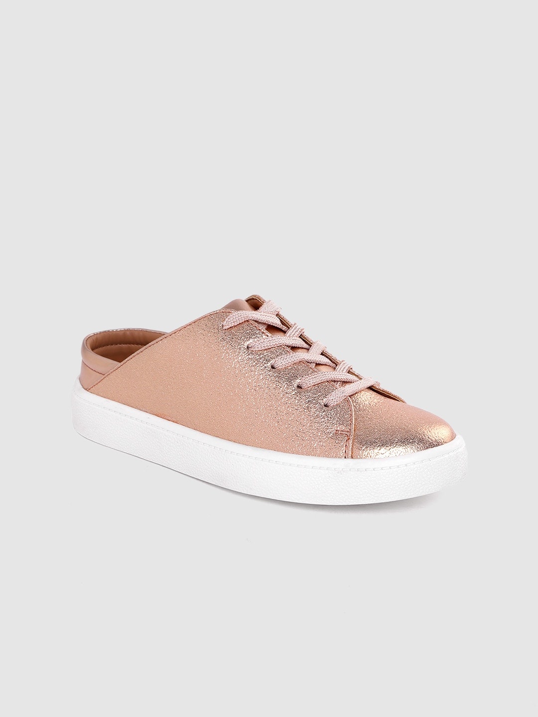 

DressBerry Women Rose Gold-Toned Shimmer Mule Sneakers