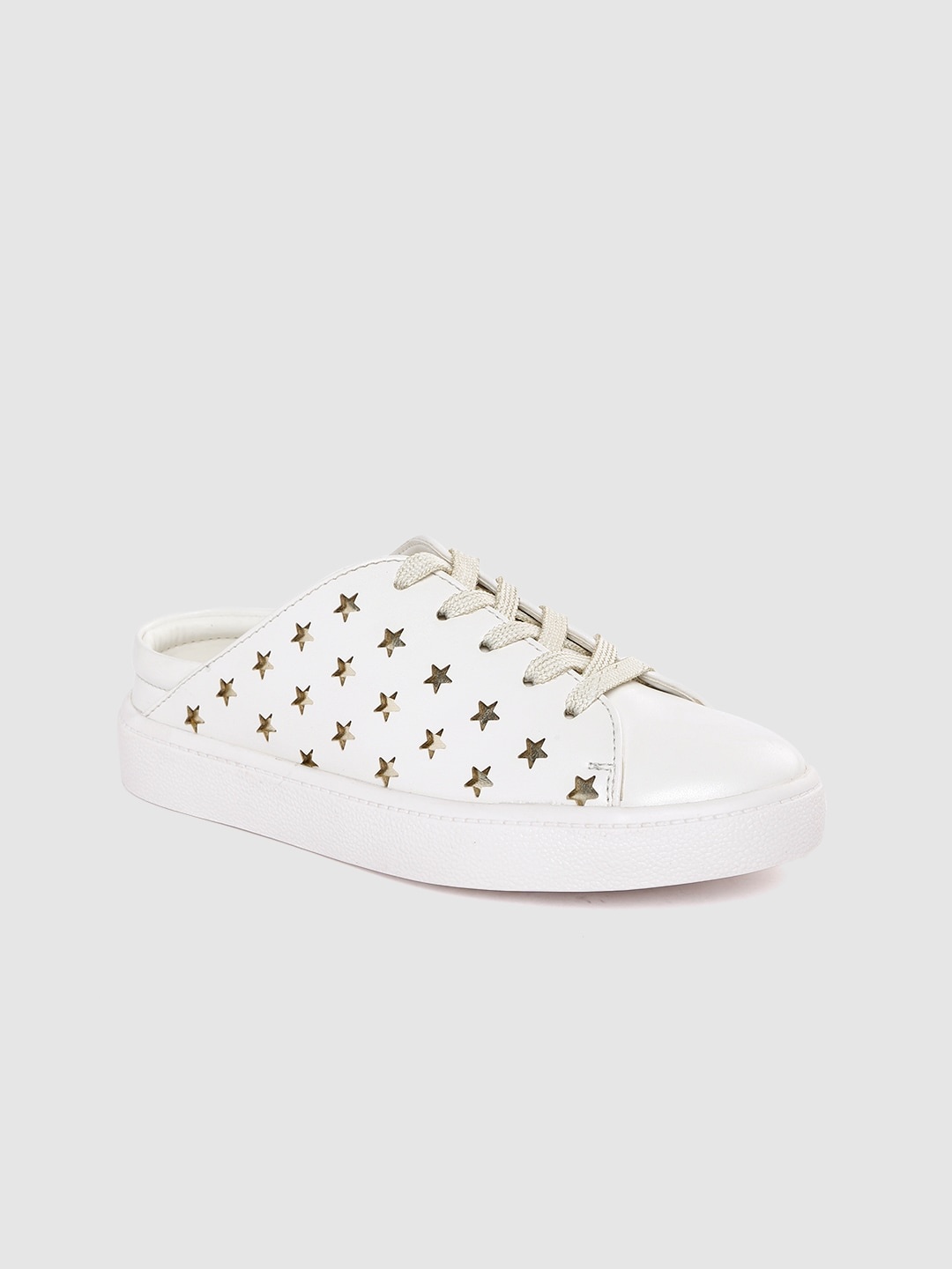 

DressBerry Women White & Gold-Toned Star Laser Cut Mule Sneakers