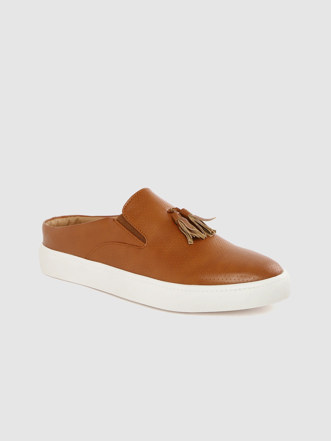 

Mast & Harbour Women Tan Brown Perforated Mule Sneakers with Tasselled Detail