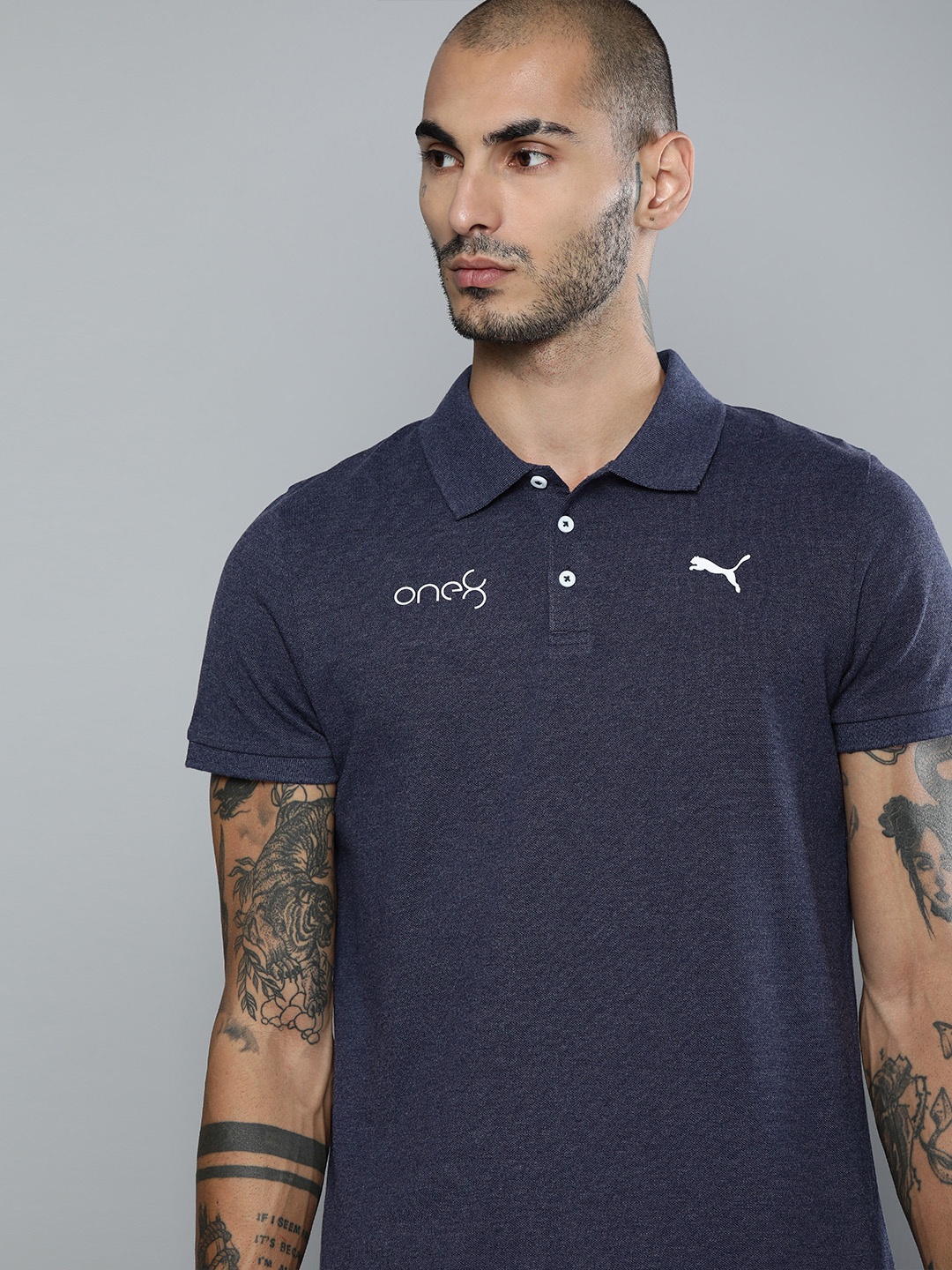 

one8 x PUMA Men Navy Blue Printed Polo Collar T-shirt