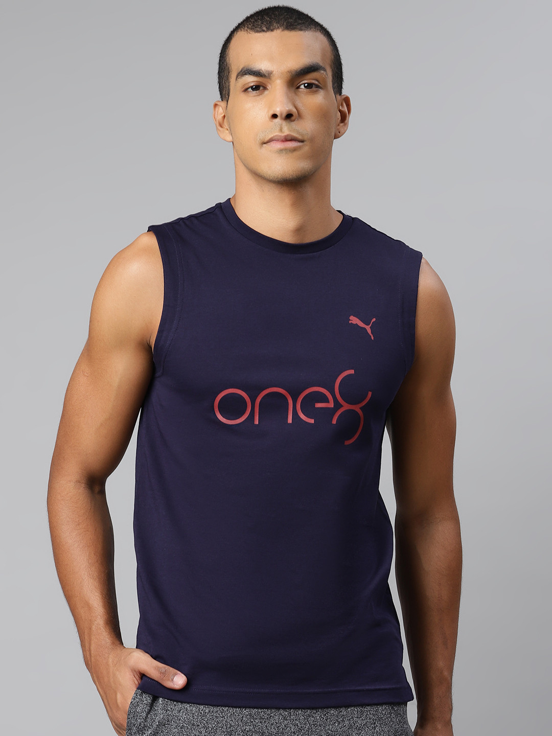 

one8 x PUMA Men Navy Blue Pure Cotton Brand Logo Print Round Neck Sleeveless Tank Pure Cotton T-shirt