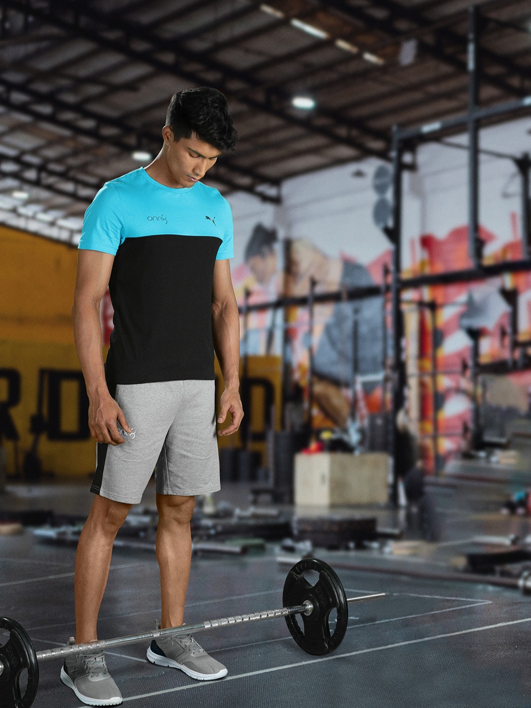 

one8 x PUMA Men Blue Colourblocked Round Neck Pure Cotton T-shirt