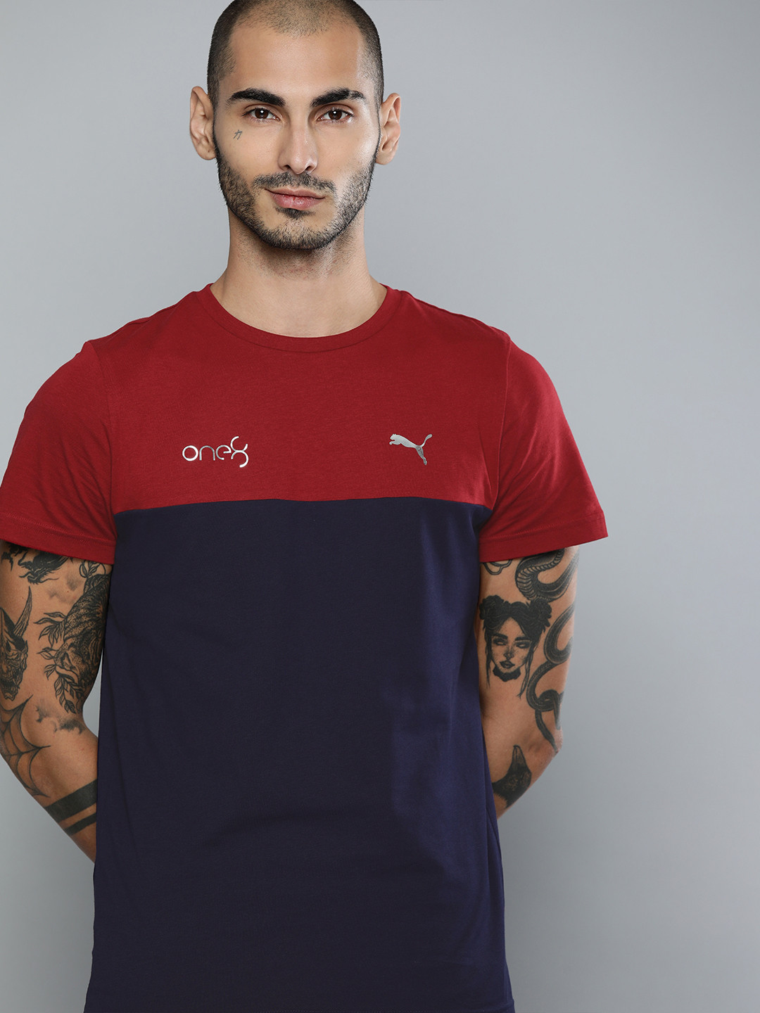 

one8 x PUMA Men Navy Blue Maroon Colourblocked Round Neck Pure Cotton T-shirt