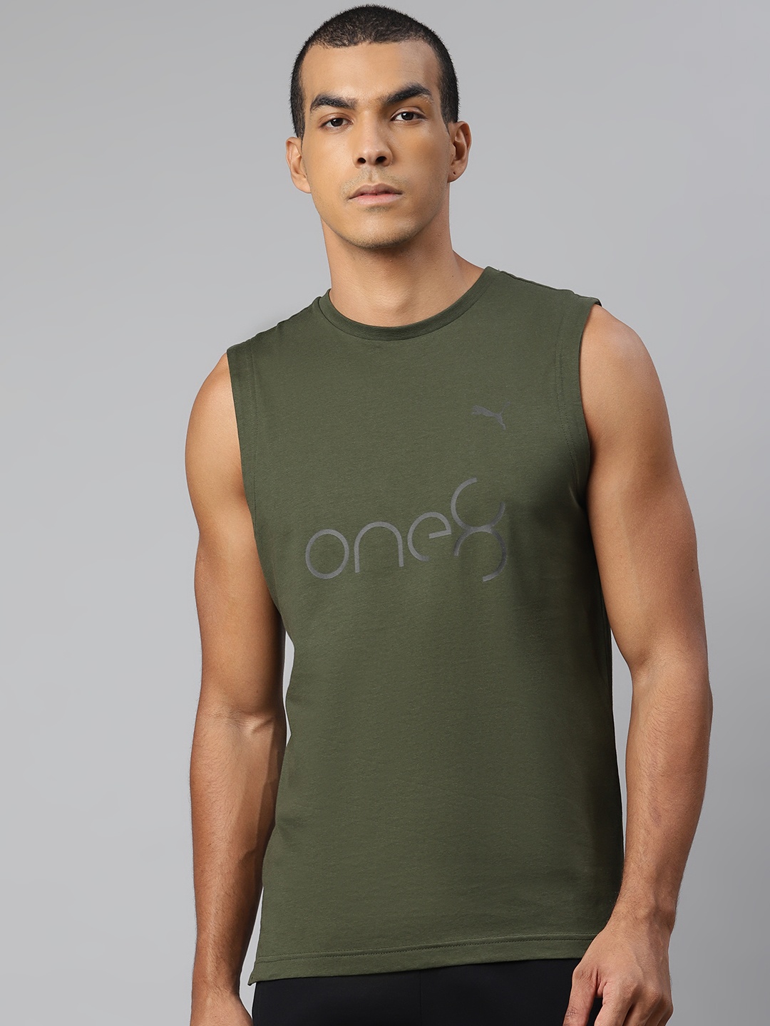 

one8 x PUMA Men Olive Green Brand Logo Print Pure Cotton Sleeveless Tank T-shirt