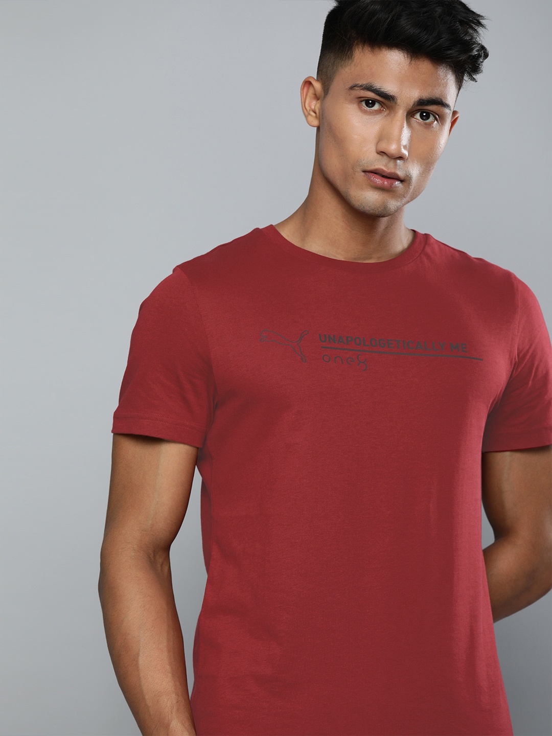 

one8 x PUMA Men Maroon Solid Slim Fit VK Graphic Round Neck Pure Cotton T-shirt With Printed Detailing