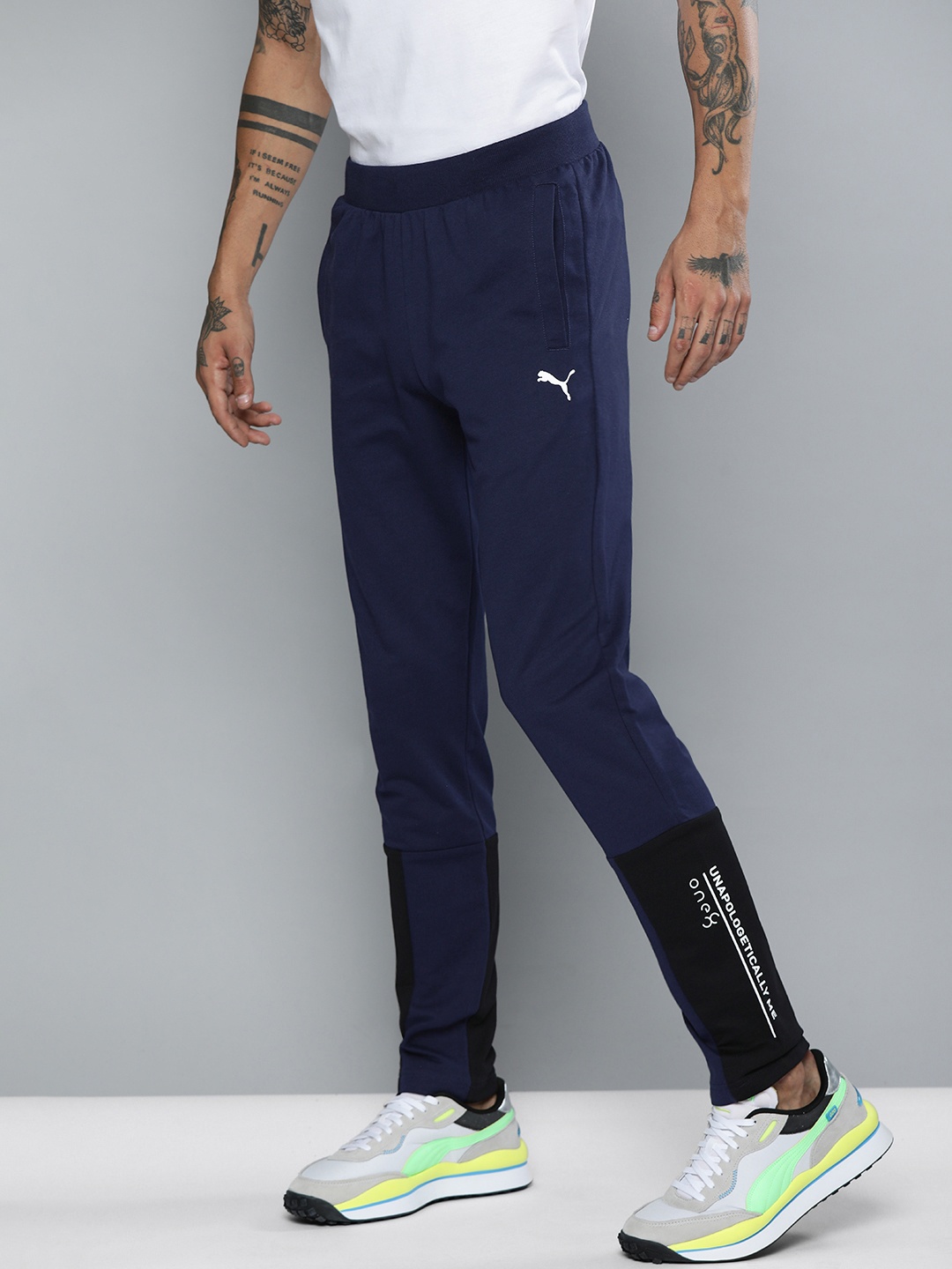

one8 x PUMA Men Navy Bluer & Black Slim Fit Colourblocked VK Track Pants, Navy blue