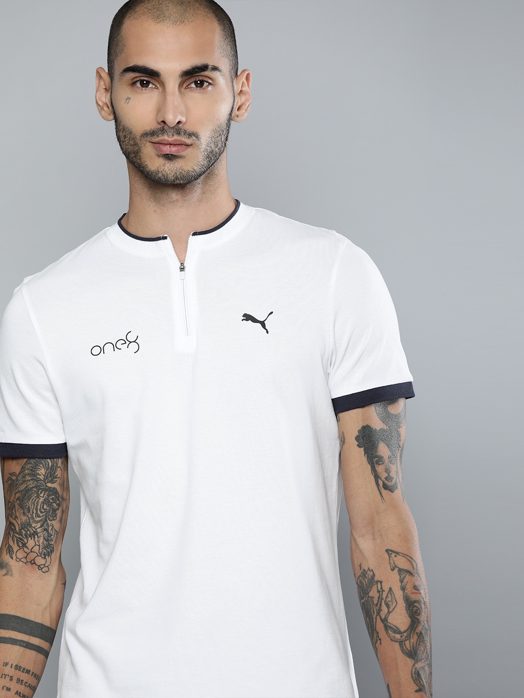 

one8 x PUMA Men White Printed Henley Neck Slim Fit T-shirt