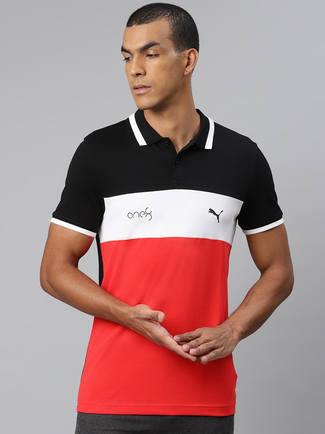 

one8 x PUMA Men Red & Black Pure Cotton Colourblocked VK AOP Polo T-Shirt