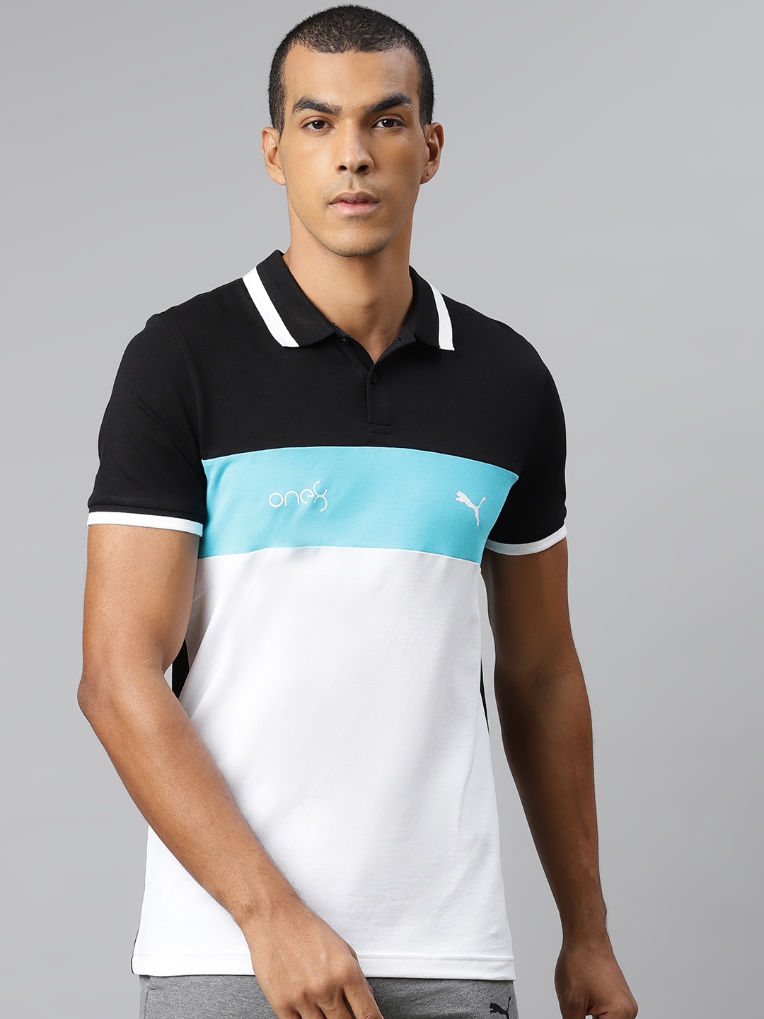 

one8 x PUMA Men White & Black Pure Cotton Colourblocked VK AOP Polo T-Shirt