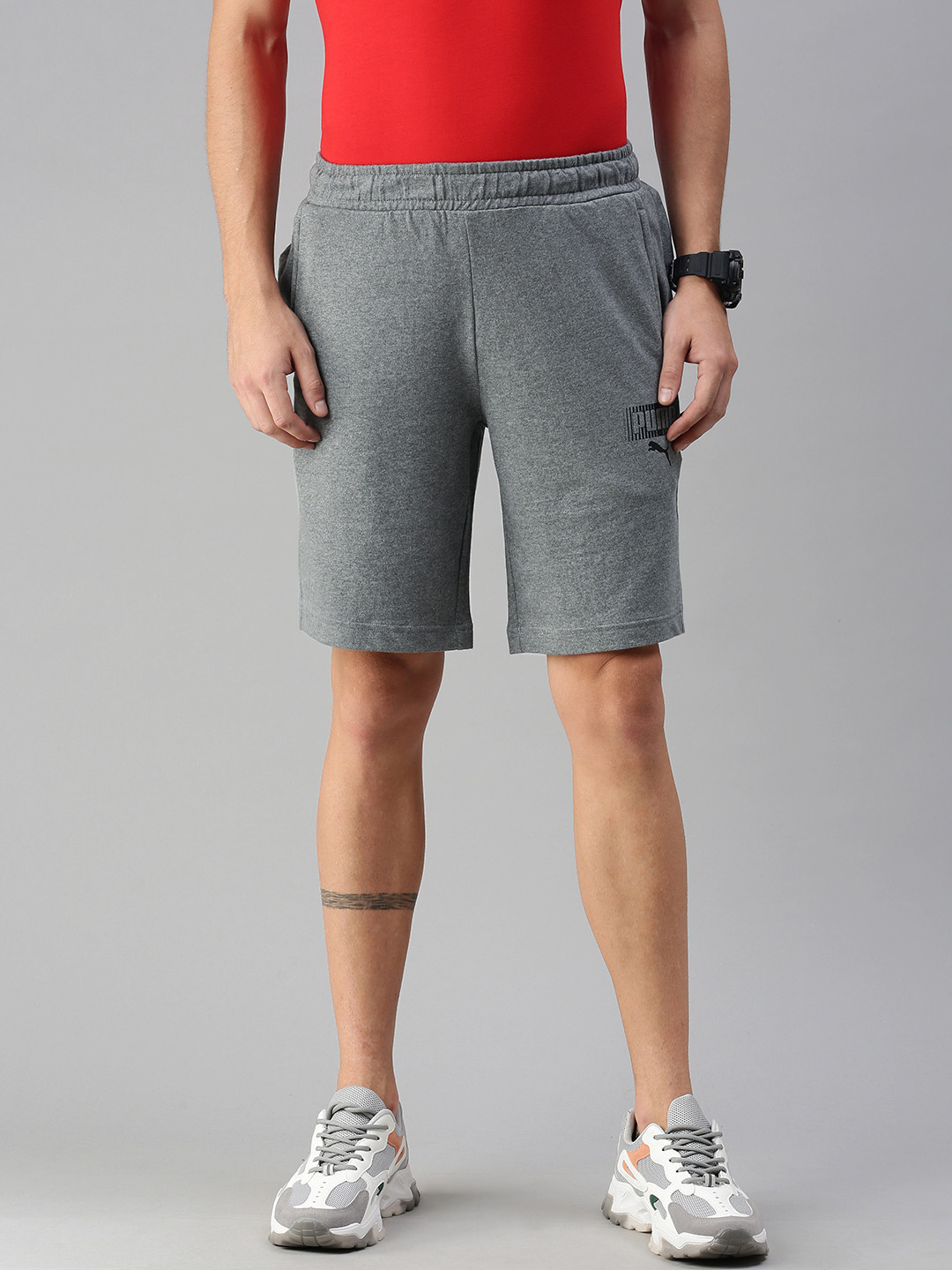 

Puma Men Grey Regular Fit Mid-Rise Shorts