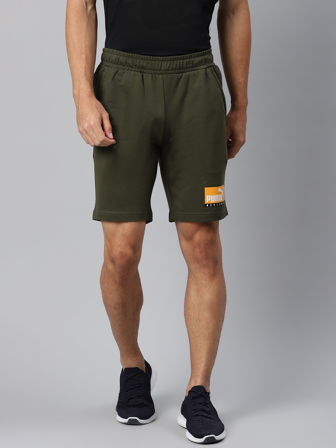 Puma Men Olive Green Solid Graphic 9 Sports Shorts
