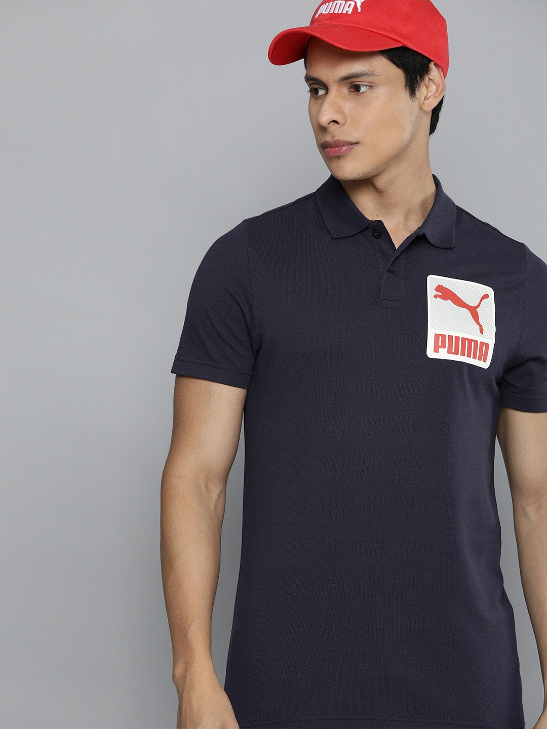 

Puma Men Navy Blue & Orange Printed Polo Collar T-shirt