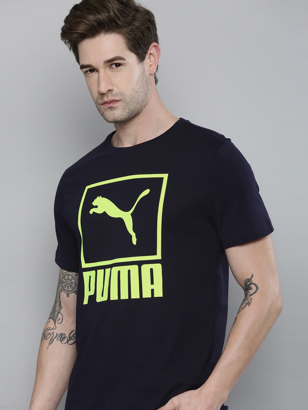 

Puma Men Navy Blue Logo Graphic Printed Pure Cotton T-shirt