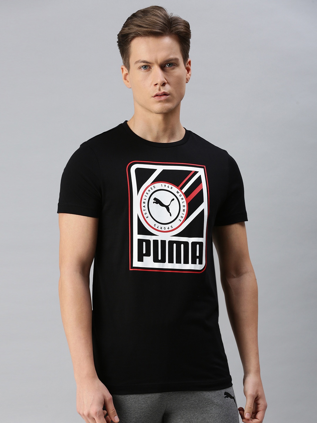 

Puma Men Black White Brand Logo Printed Slim Fit Pure Cotton T-shirt