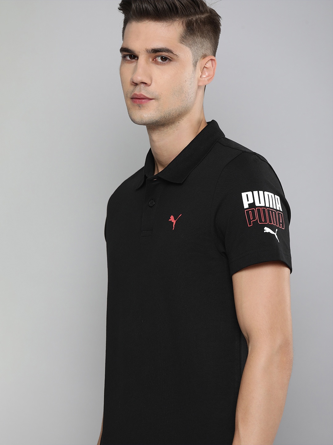

Puma Men Black Polo Collar Slim Fit graphic Polo 20 Pure Cotton T-shirt