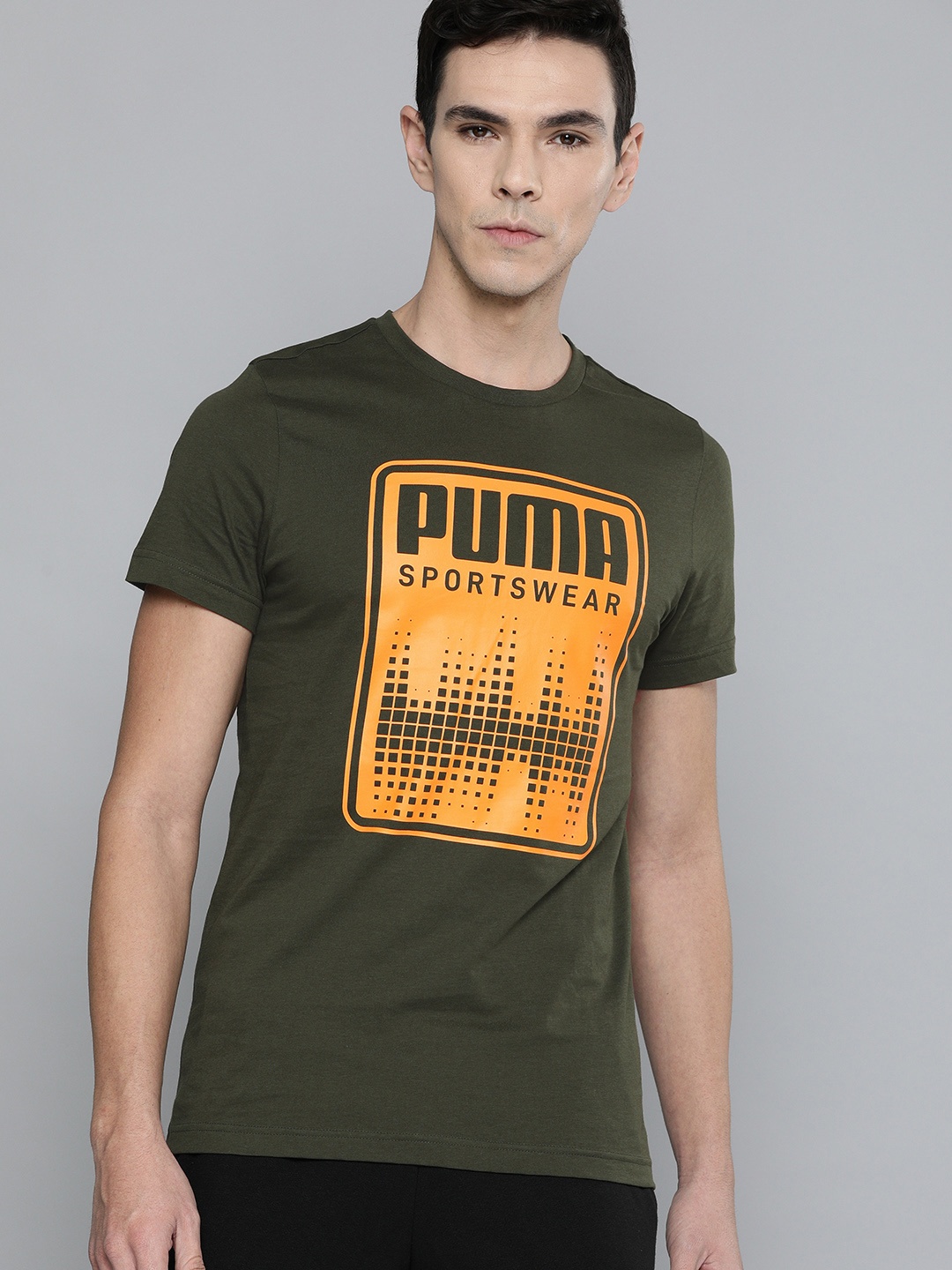 

Puma Men Olive Green Mustard Yellow Graphic 6 Pure Cotton T-shirt