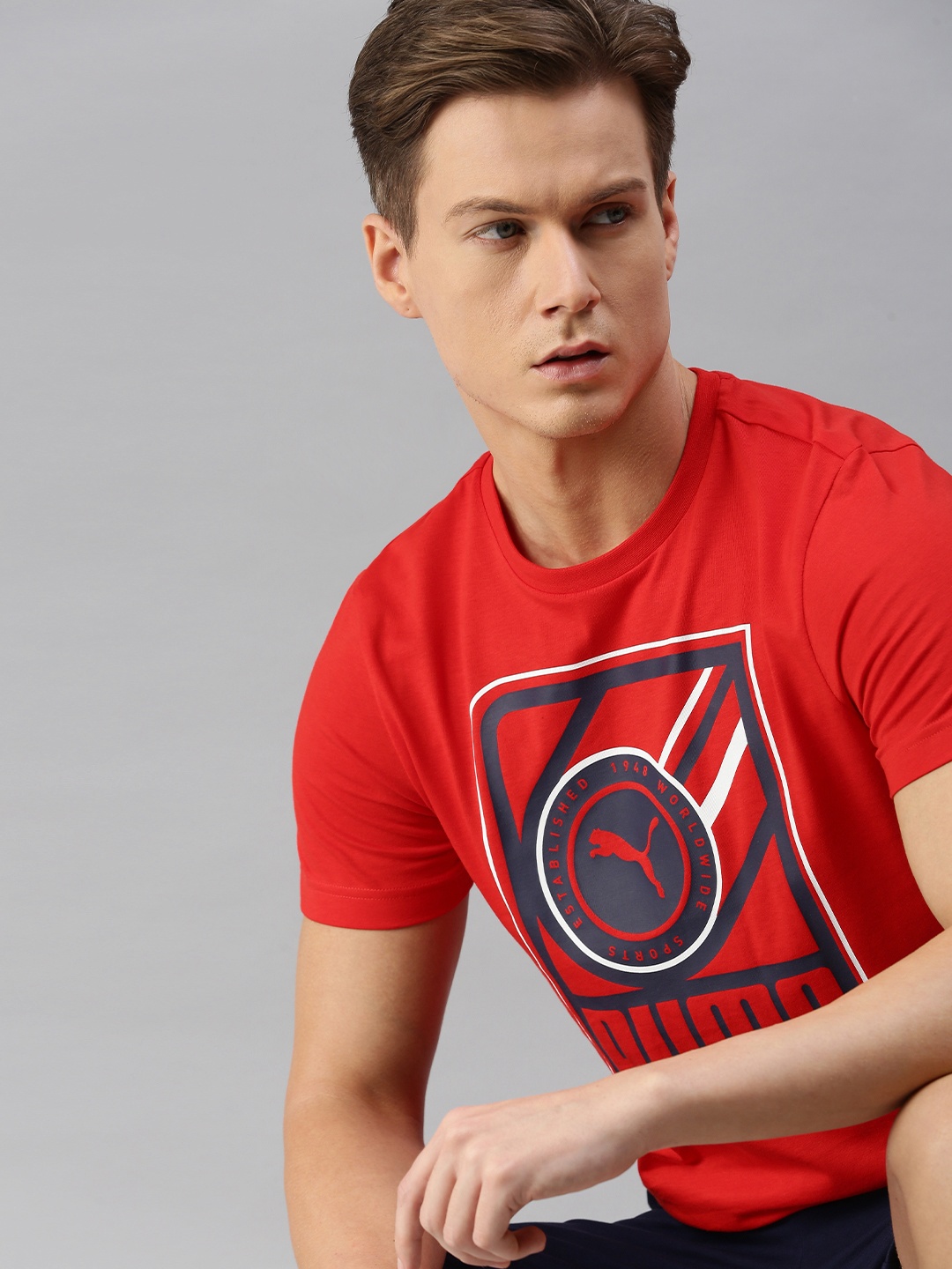 

Puma Men Red Blue Brand Logo Printed Pure Cotton T-shirt