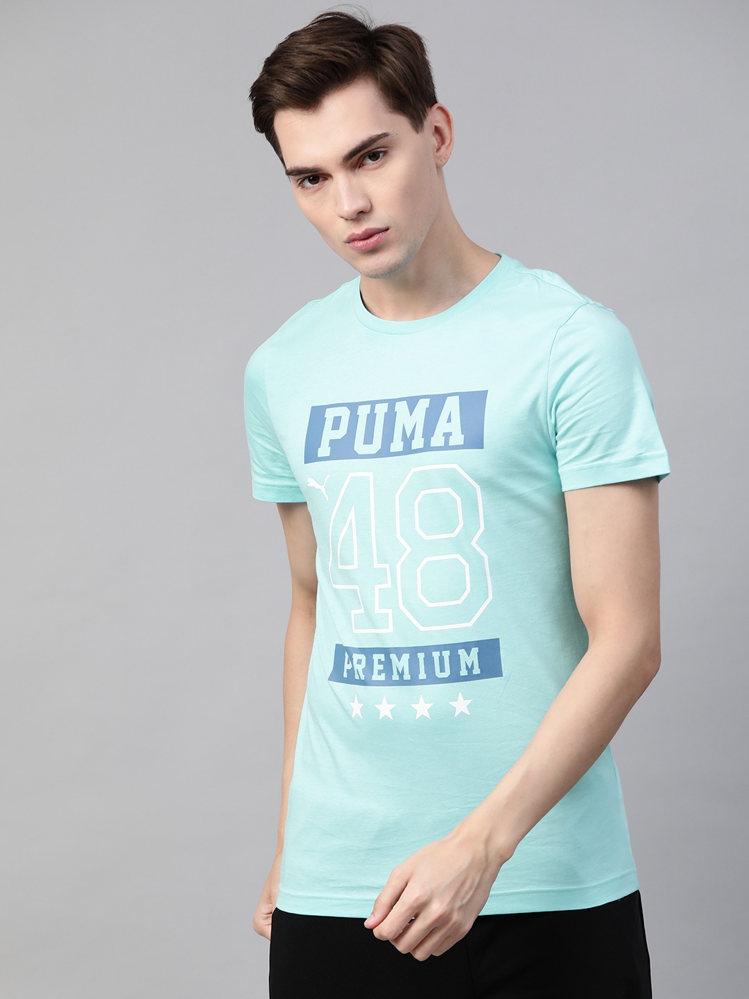 

Puma Men Blue & White Pure Cotton Typography Printed Slim Fit T-shirt