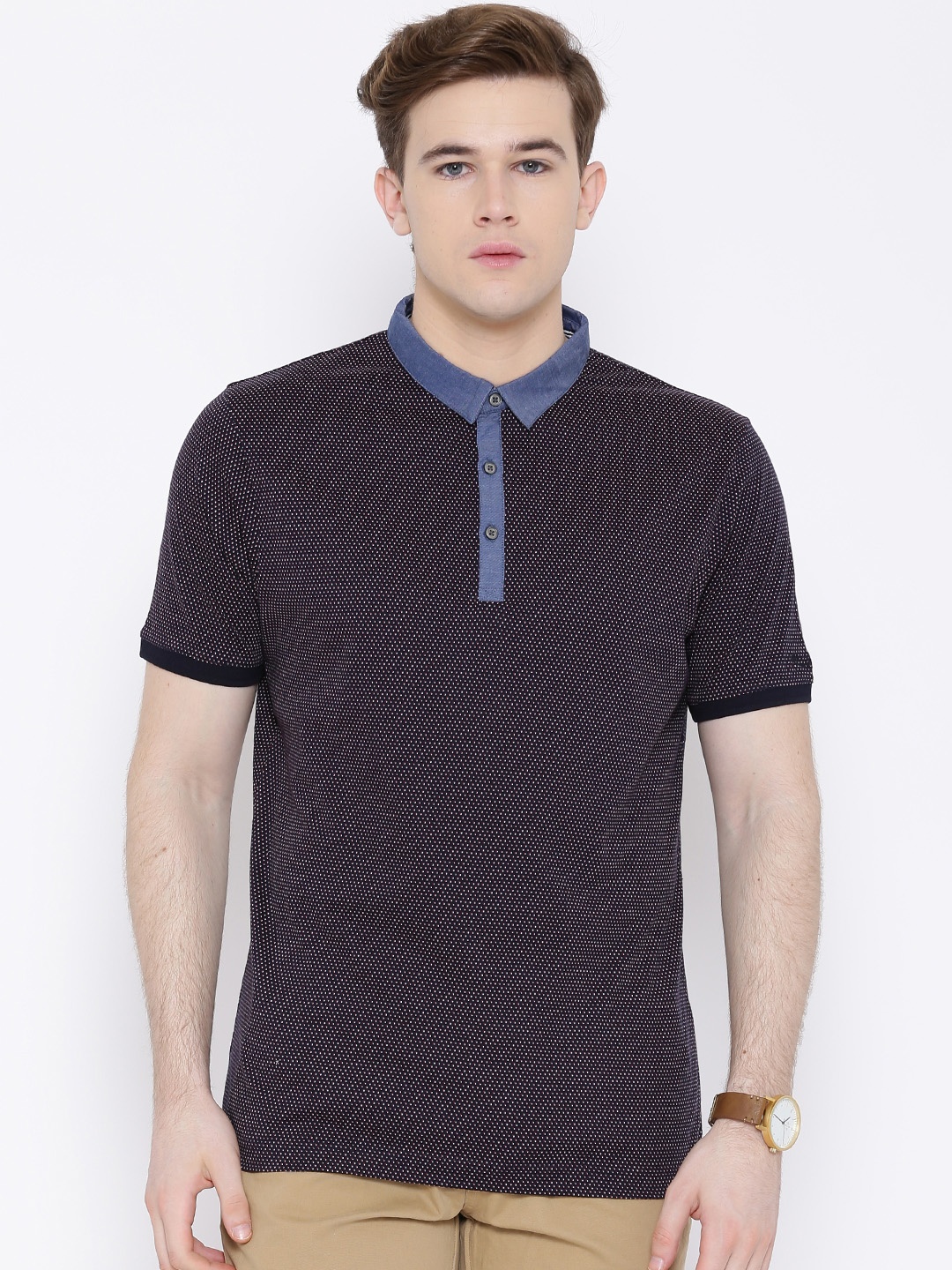 

Blackberrys Navy White Printed Polo Pure Cotton T-shirt, Navy blue