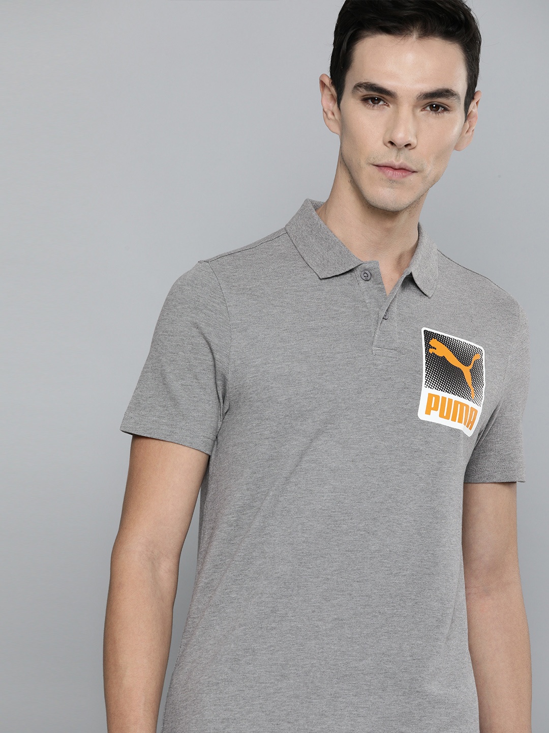 

Puma Men Grey & Orange Printed Polo Collar T-shirt