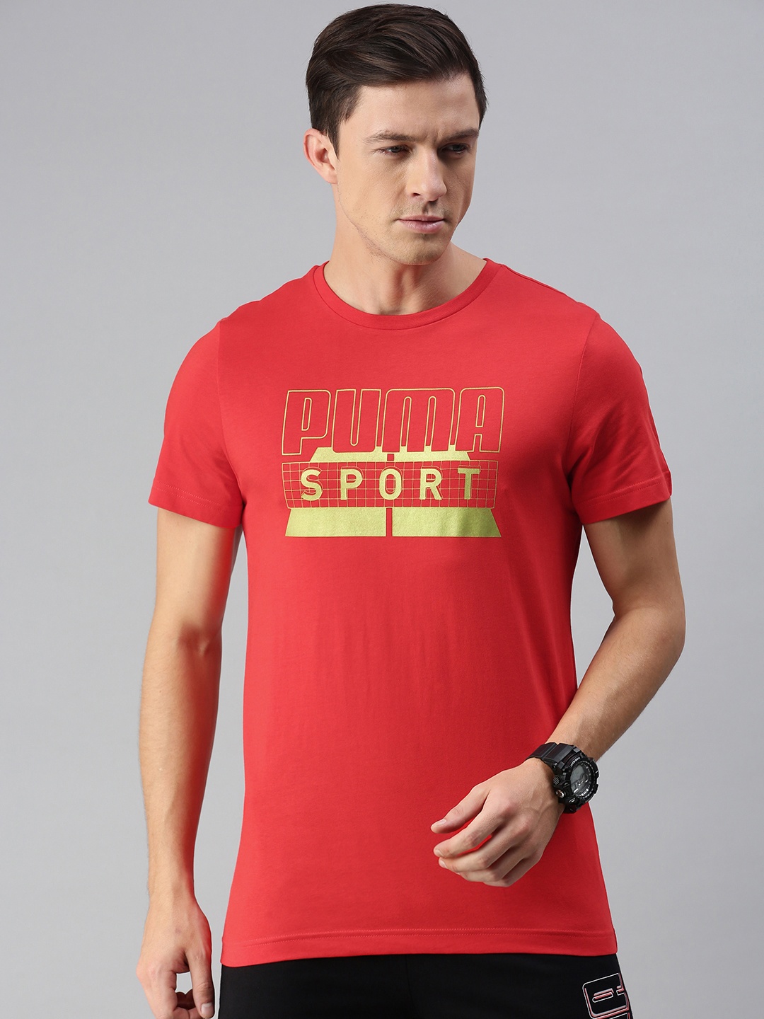 

Puma Men Red Fluorescent Green Typographic Graphic 15 Print Pure Cotton Slim Fit T-shirt