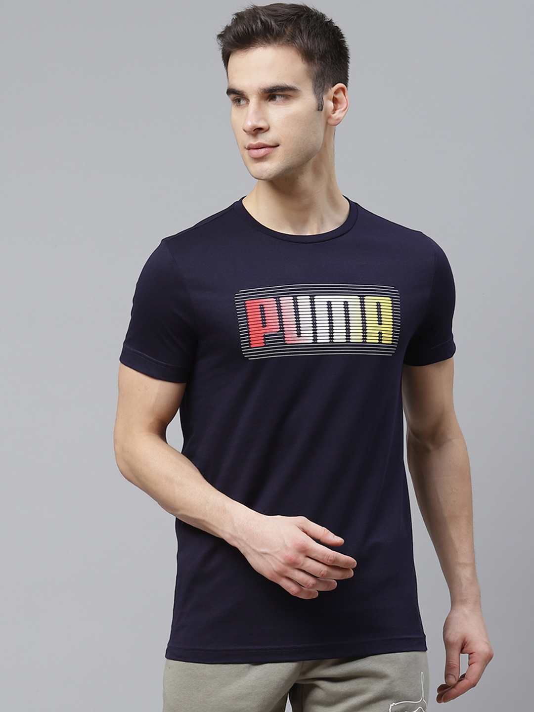 

Puma Men Navy Blue Graphic 16 Brand Logo Print Pure Cotton Slim Fit T-shirt