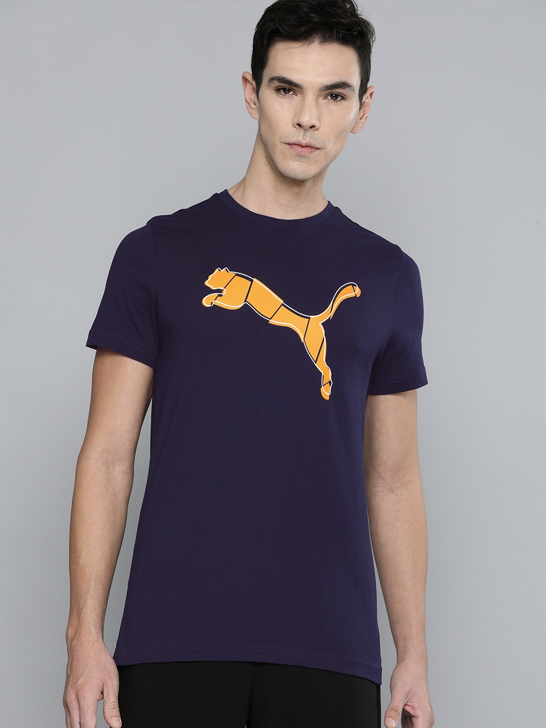 

Puma Men Navy Blue Mustard Yellow Graphic 19 Pure Cotton T-shirt