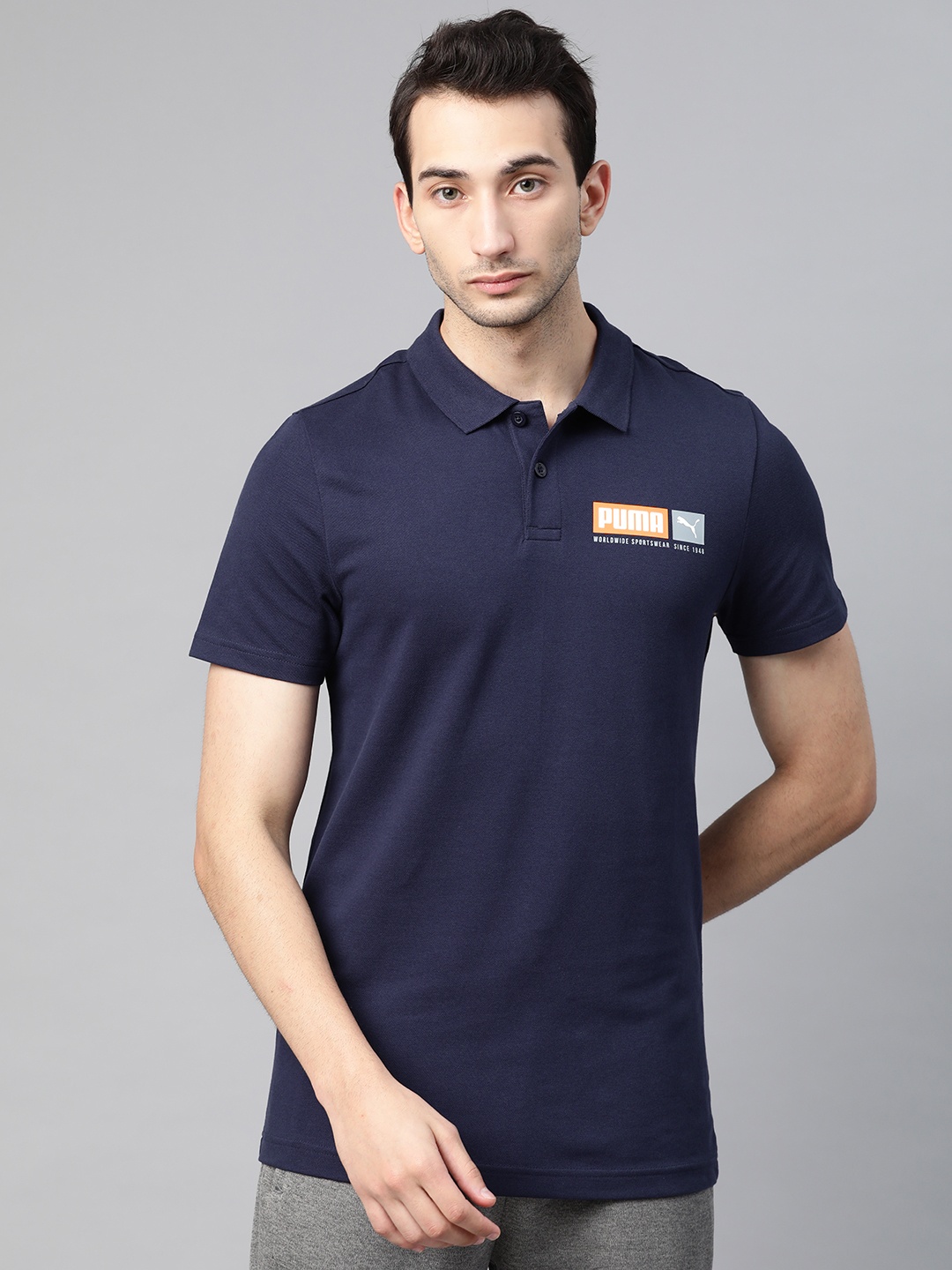 

Puma Men Navy Blue Brand Logo Polo Collar Slim Fit T-shirt