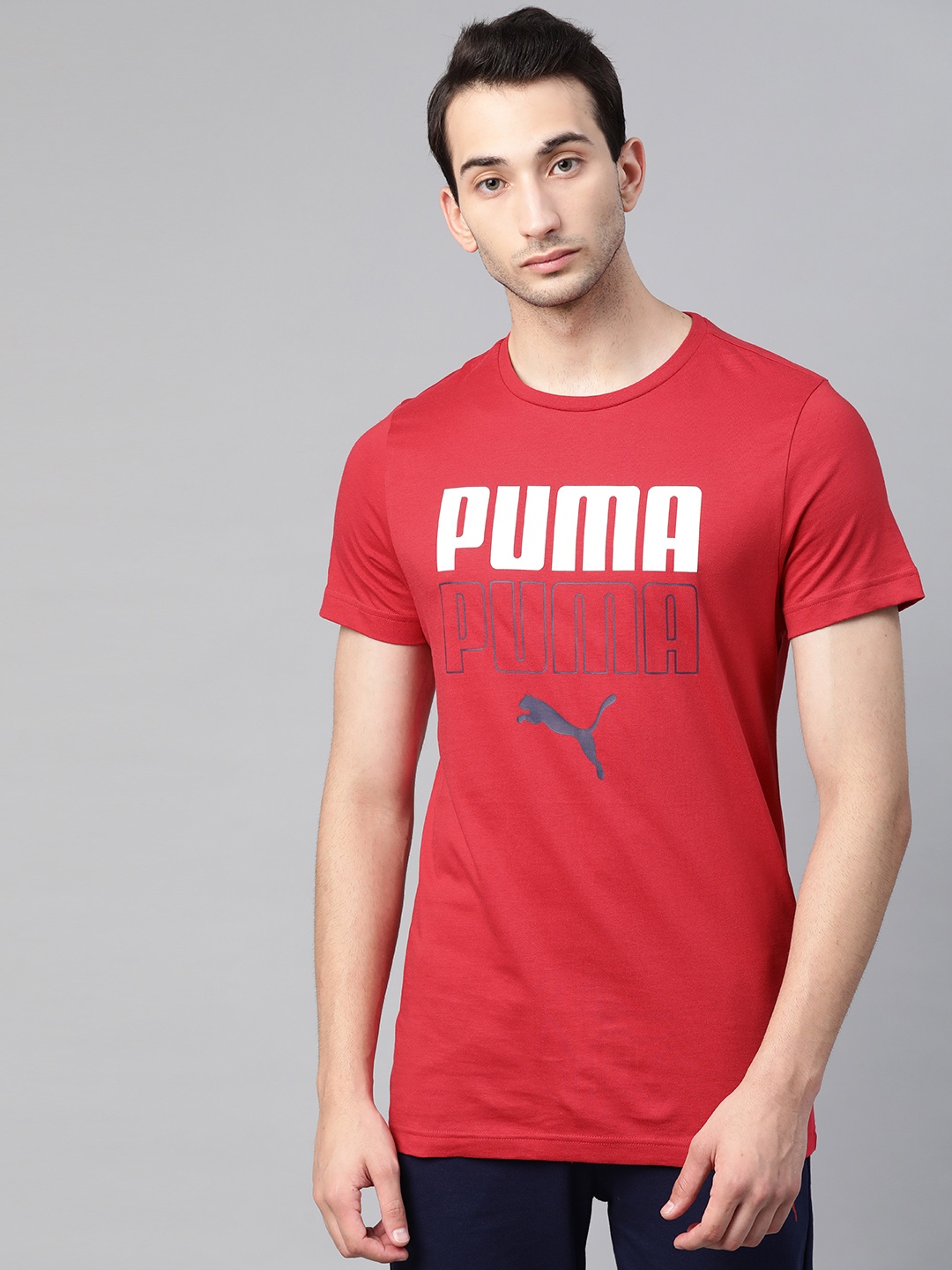 

Puma Men Red Seeing Double Brand Logo Printed Slim Fit Pure Cotton T-shirt