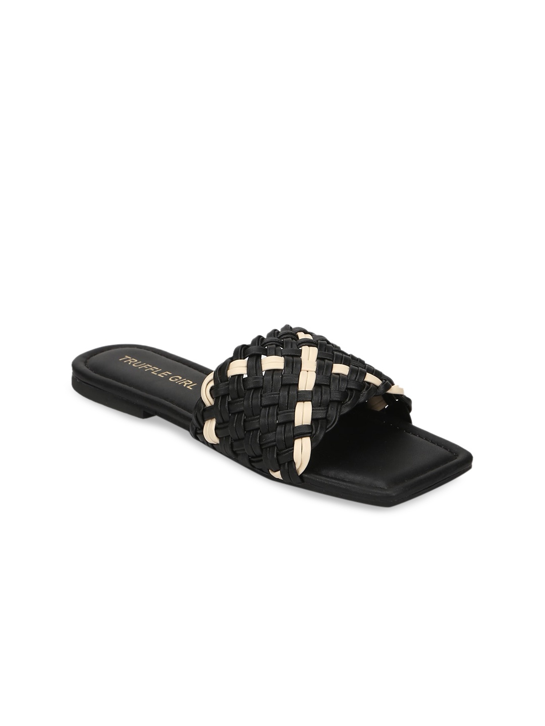 

Truffle Collection Women Black Woven Design PU Open Toe Flats
