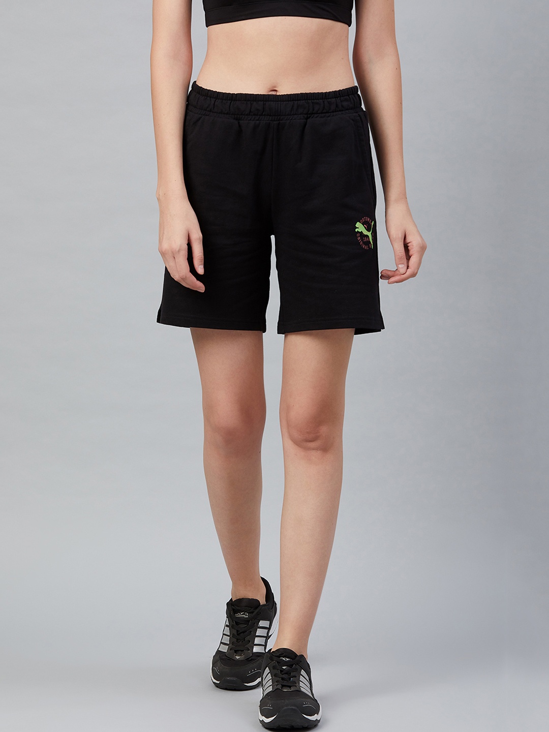 

Puma Women Graphic 2 Brand Logo Relaxed Fit Sports Shorts, Black