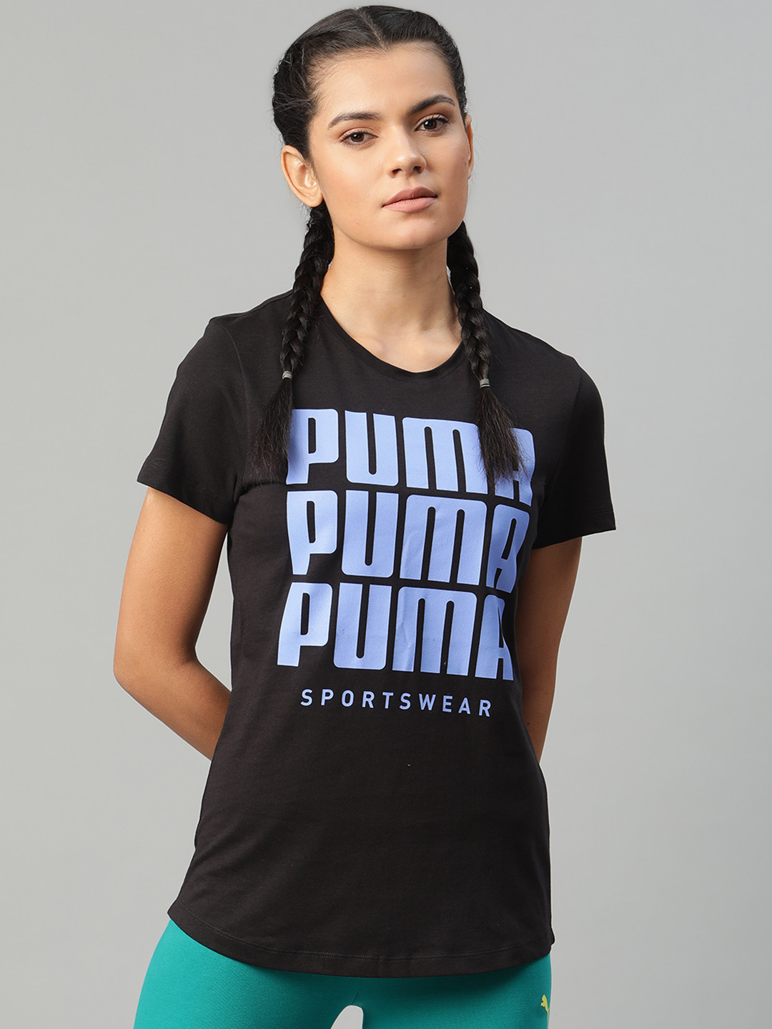 

Puma Women Black & Blue Regular Fit Graphic Brand Logo Print 21 Pure Cotton T-shirt