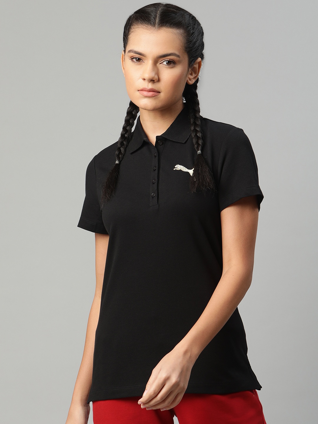 

Puma Women Black Solid Graphic Polo I T-shirt