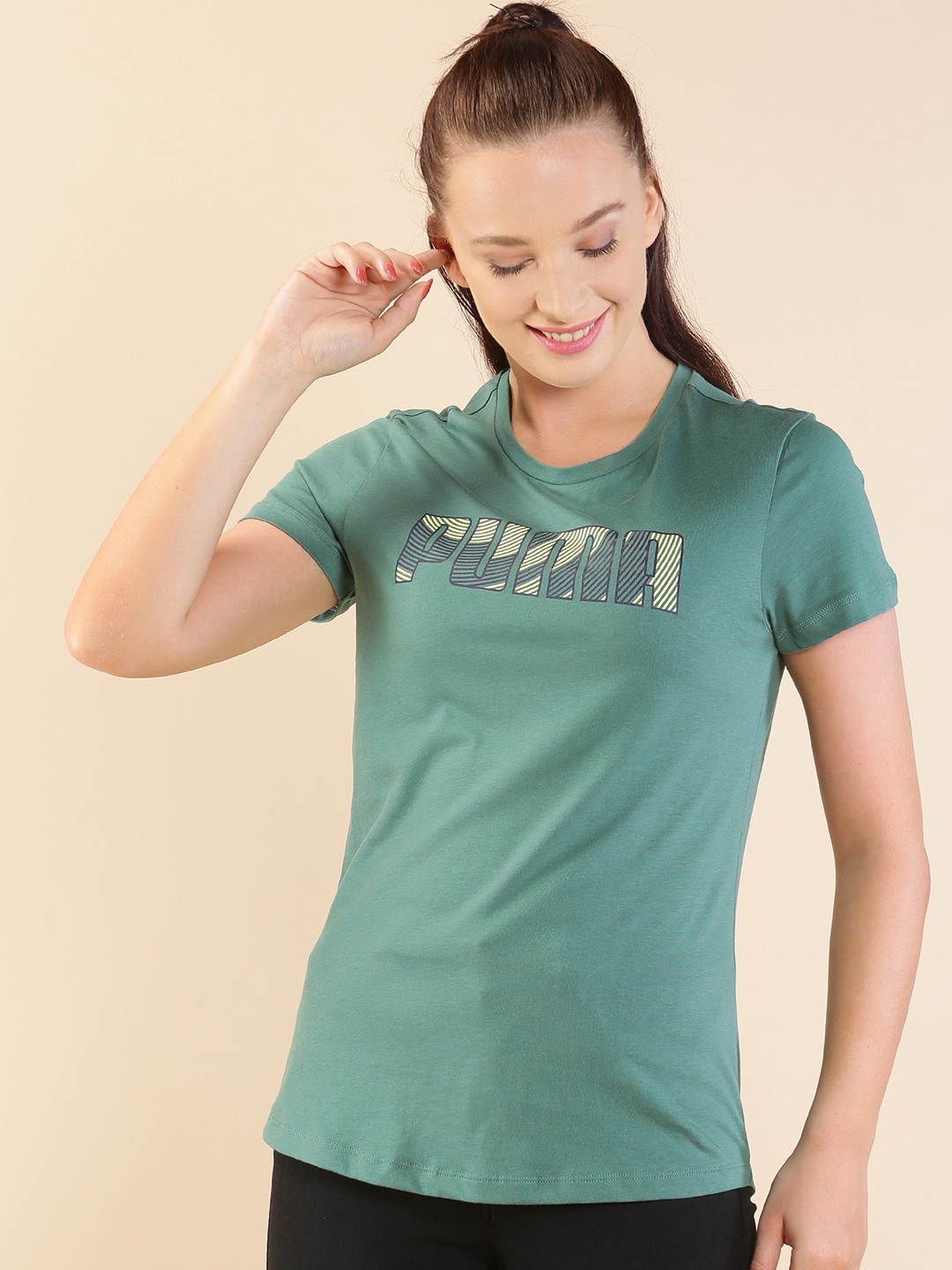 

Puma Women Green Graphic 15 Regular Fit Pure Cotton Printed Round Neck T-shirt