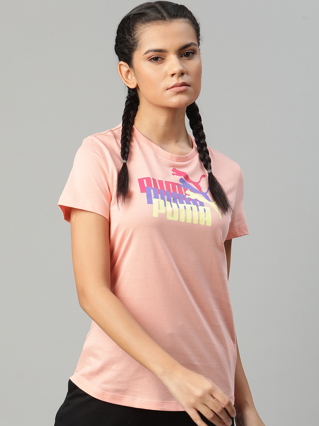

Puma Women Peach-Coloured & Blue Regular Fit Brand Logo Printed Graphic 9 T-shirt