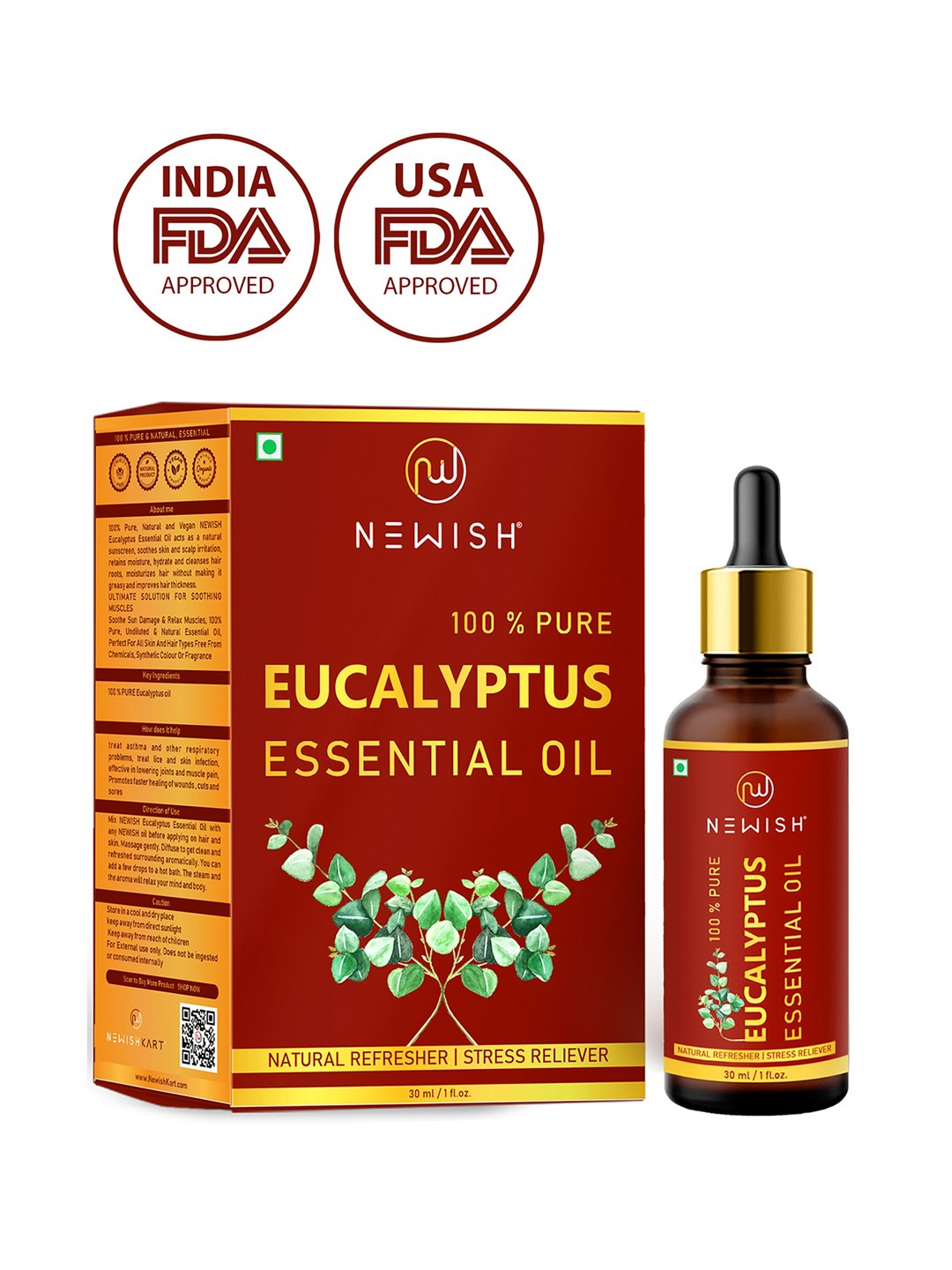 

NEWISH Unisex Natural Refresher Stress Reliever Eucalyptus Aroma Oils 30ml, Red