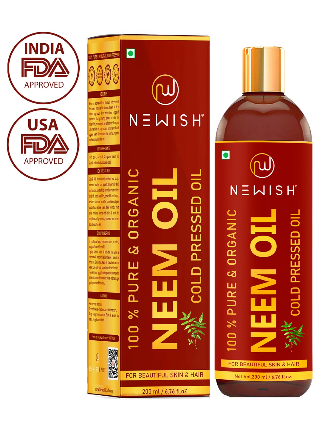 

NEWISH Unisex Cold Pressed Organic Neem Skin & Hair Oil 200 ml, Red