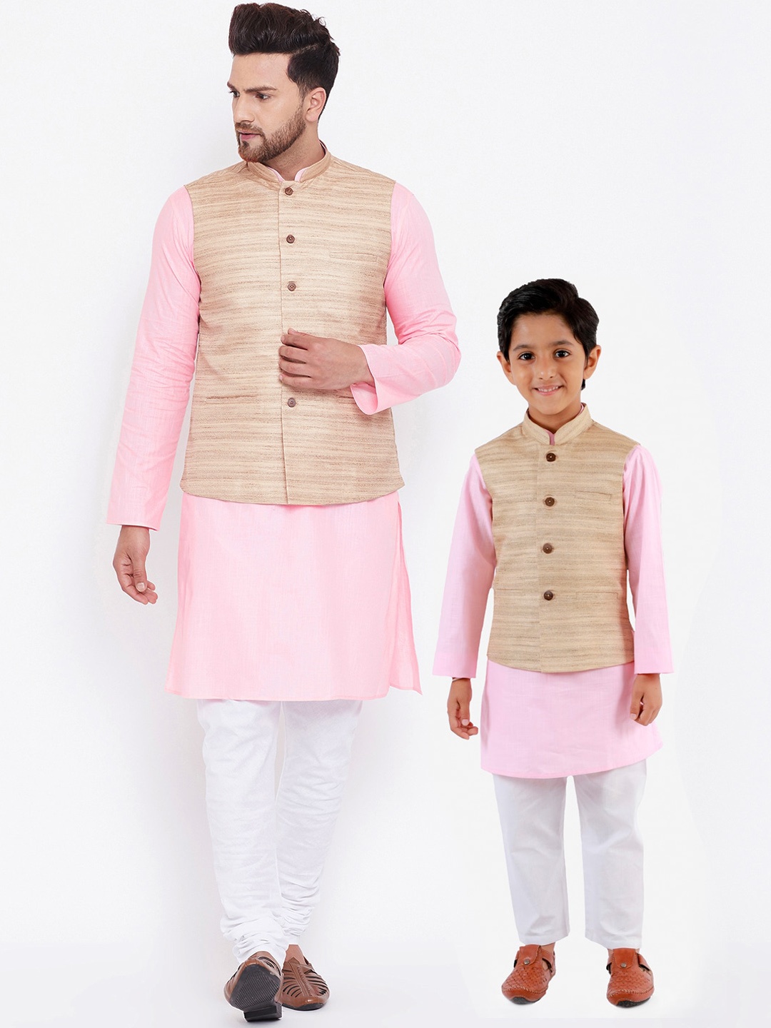 

VASTRAMAY Men Pink & White Solid Kurta Set with Nehru Jacket