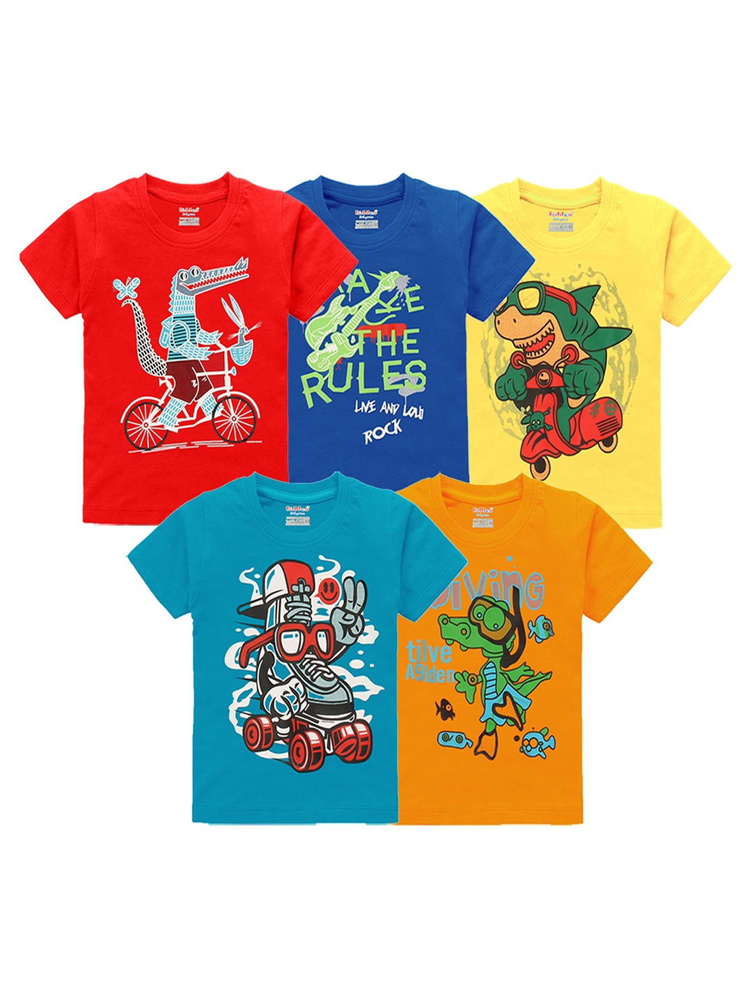 

Kiddeo Boys Pack of 5 Multicoloured Printed Round Neck Pure Cotton T-shirts, Multi